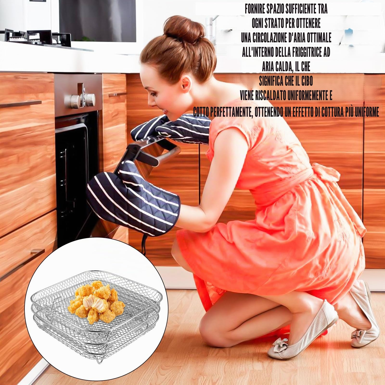 Scaffale per friggitrice ad aria, a 3 livelli, impilabile, in acciaio inox, quadrato, accessori per friggitrice ad aria con 8 piedini in silicone, 1 pinzetta e 1 spazzola per la maggior parte delle