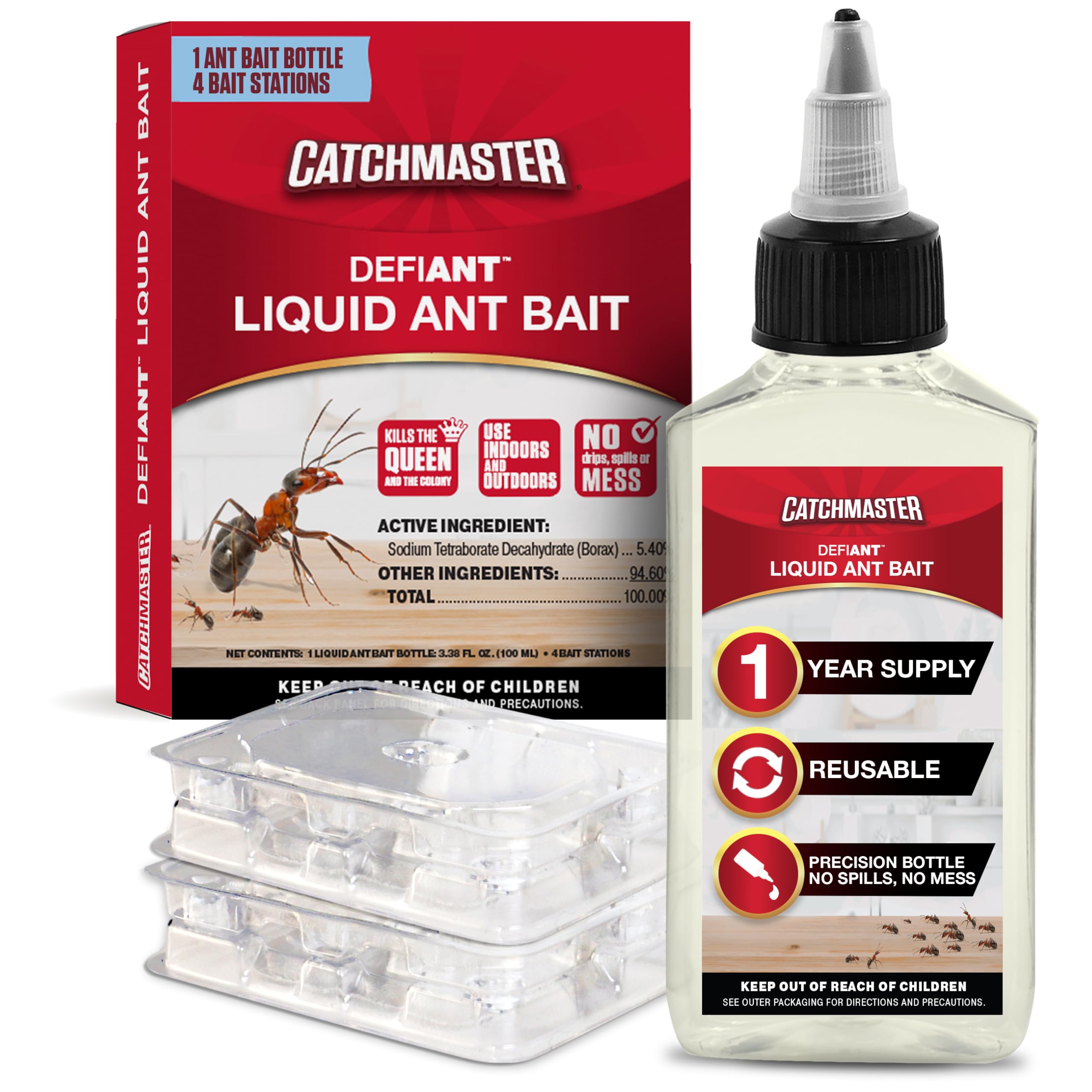 Catchmaster DEFIANT Premium Liquid Ant Killer, 1-Year Supply, Kills the Queen and Colony, No Mess Precision Bottle, Reusable Ant Traps Indoor & Outdoor, Pest Control Traps, Made in USA