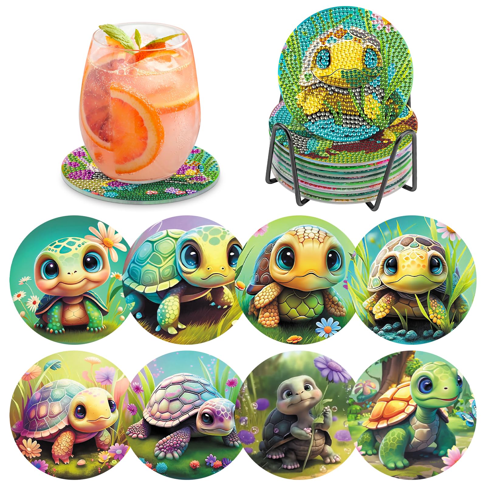 MOGTAA 8 Pcs Turtle Diamond Painting Coasters Kit with Holder