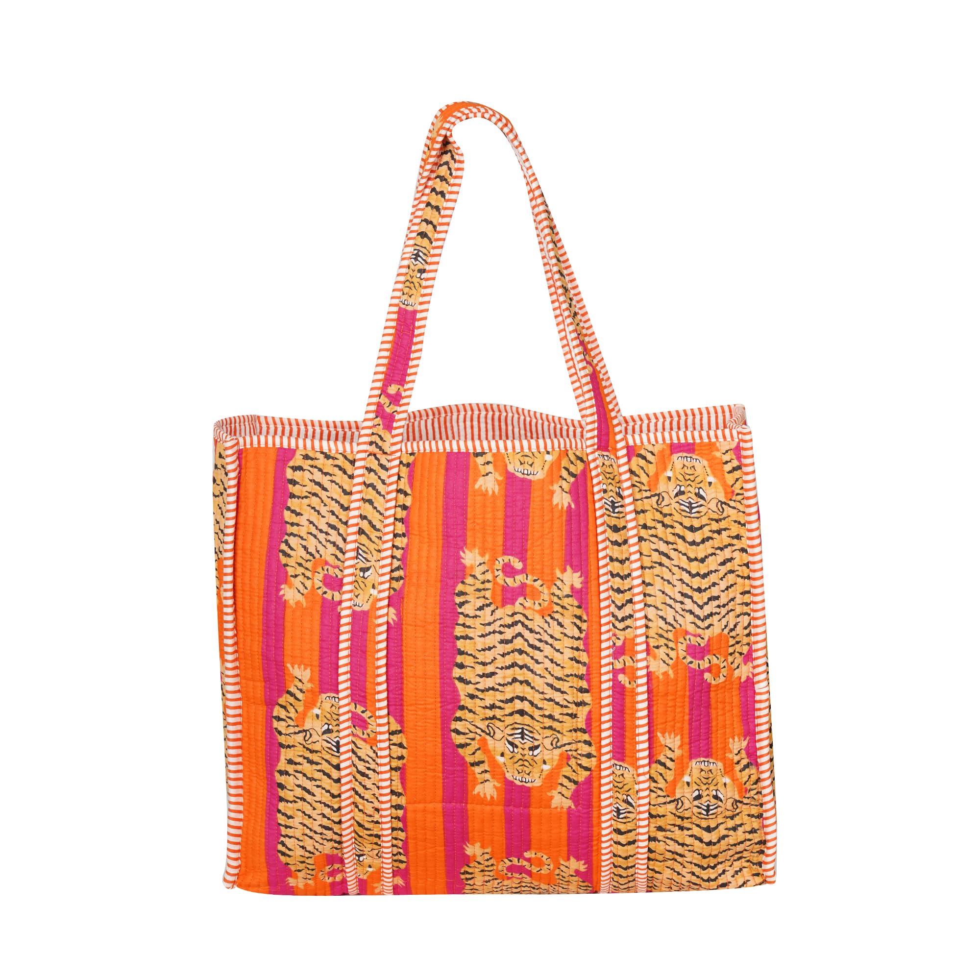 Handmade Quilted Cotton Tote Bag for Women, Tiger Print Kantha Shopper, Large Reusable Shoulder Bag, Boho Beach Shopping Tote, Eco Friendly Cotton Handbag