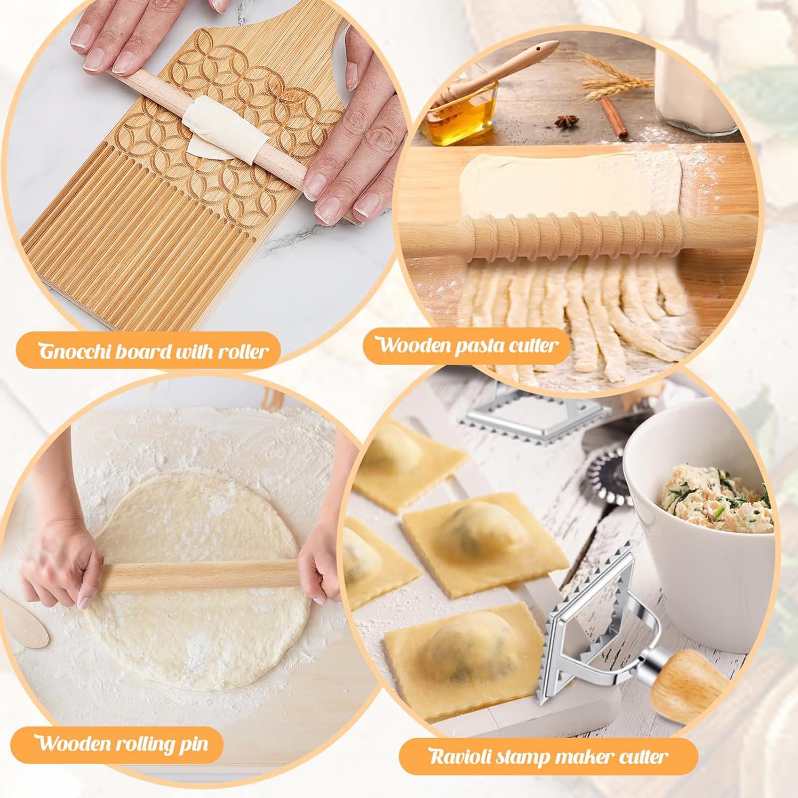 Juego para Hacer ñoquis y ravioles Incluye Tablero de Madera, Rodillo, Juego de pastas Hechas a Mano, Adecuado para Uso doméstico y en la Cocina, Sello para ravioles