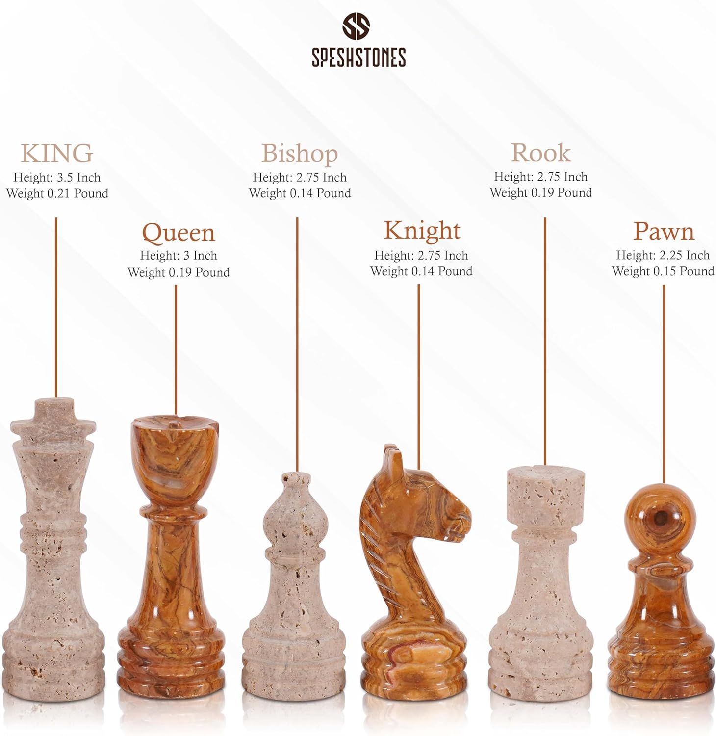 Marble Chess Pieces 3.5 Inch Travertine and Brown Stone Chess Figures for Chess Board, Strategy Play, Board Games for Adults, Game Accessories for Gifts, Draughts and Travel Set