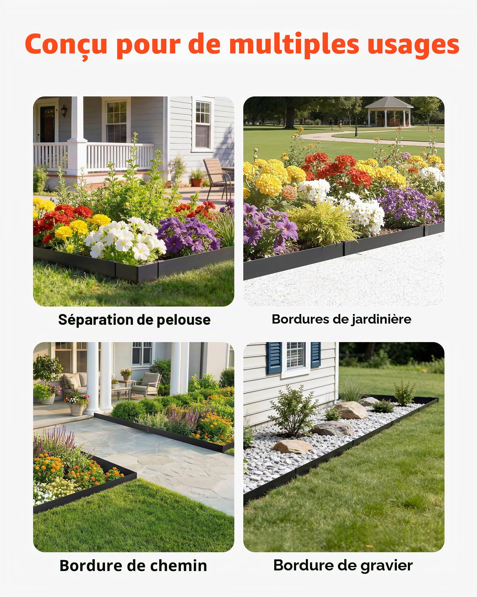 VEVOR Bordure de Jardin Métal 101,6x11,4 cm Bordure de Pelouse Acier Galvanisé Lot de 10 pour Massifs Fleurs, Allées, Délimitation Espace, Aménagement Paysager, Flexible, avec 11 Clips Fixation, Noir