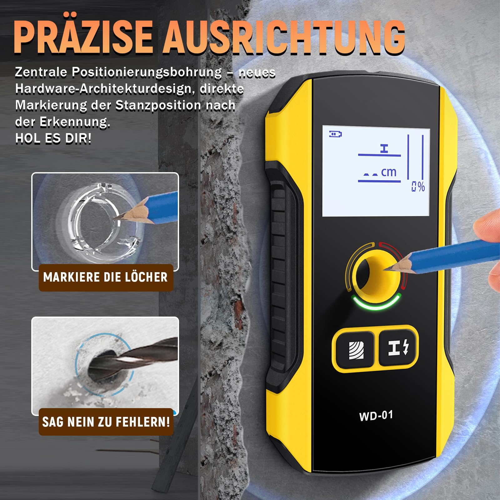 WD-01 6-in-1 Wandscanner Ortungsgerät, Leitungssuchgerät mit Positionierungsloch, Wandmetalldetektor für Mitte und Kante von Holzständern, Metallteilen, Kabeln, Rohren und Balken, Elektriker-Werkzeug