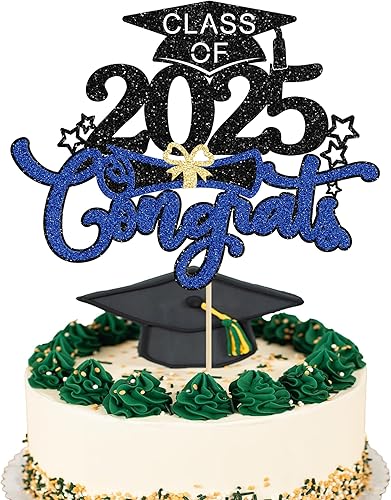 1 pieza de decoración de pastel de felicitaciones 2023 con purpurina azul para diploma de graduación, selección de pasteles de felicitaciones clase