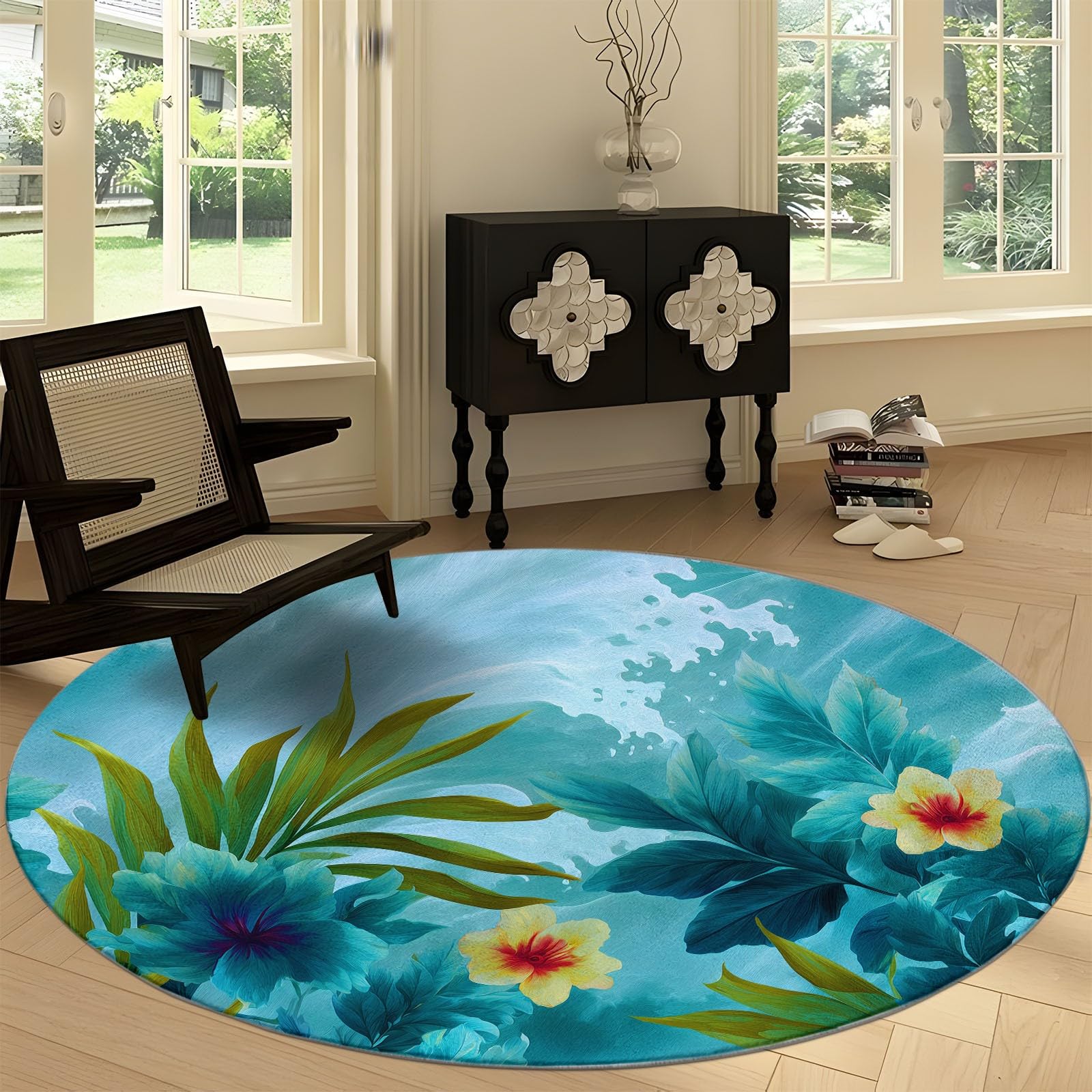 Tapis Rond Motif Feuilles Et Fleurs Tropicales Vagues De L'Océan Lavable en Machine Antidérapant 160 cm, Tapis Rond Aquarelle pour Chambre à Coucher Cuisine Salle de Bain Chambre d'enfant Salon