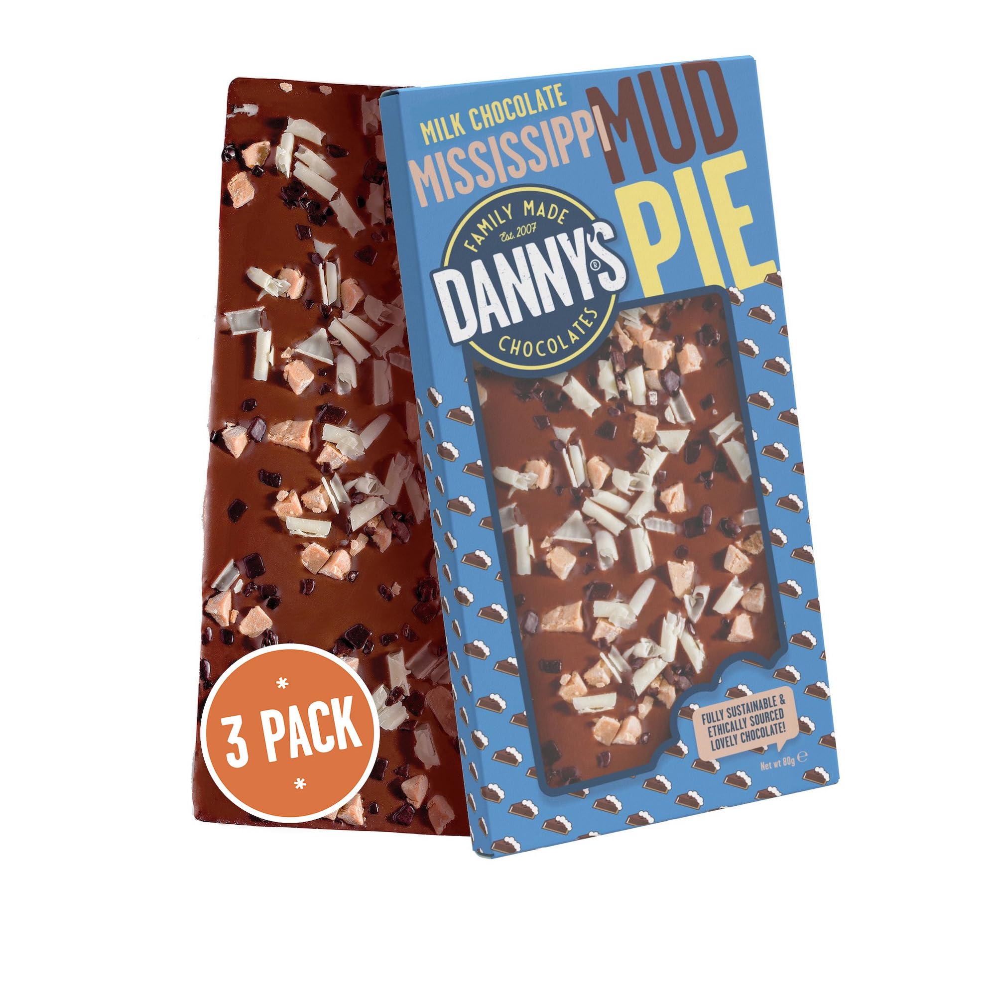 Danny'sChocolates Mississippi Mud Pie Chocolate Bar- 3 x 80g - Milk Base with Dark, White Chocolate Flakes & Fudge Chunks - Multipack Chocolate Bars