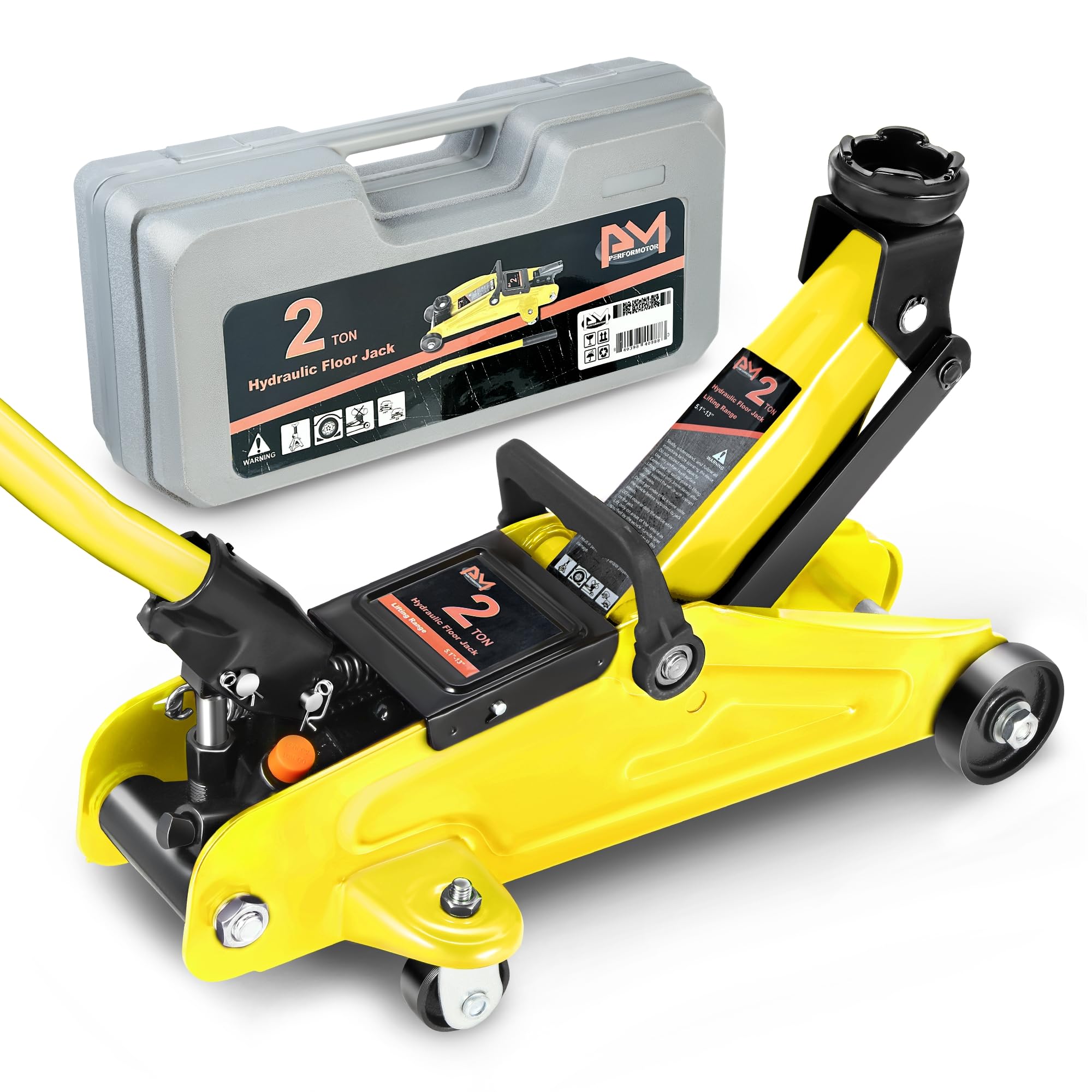 PM PERFORMOTOR Low Profile Hydraulic Trolley Service/Floor Jack, 2 Ton (4000 lbs) Capacity, Lifting Range 5.1"-13", Yellow,PM-TOL-FJ20-YL