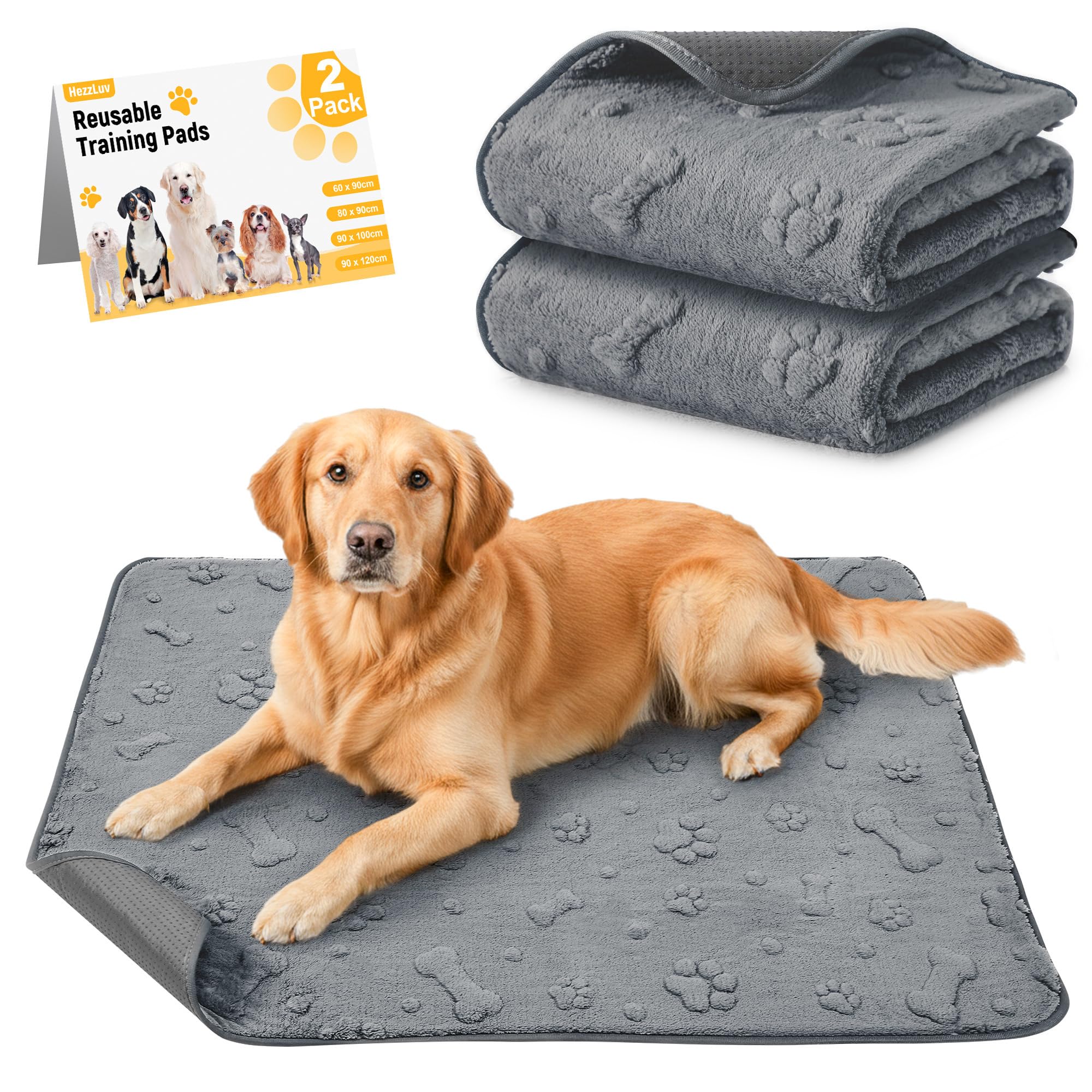 HezzLuv Washable Puppy Pads 2-Pack, Reusable Super Absorbent Dog Pee Pads, Waterproof Non-Slip Training & Whelping Mats with Paw/Bone Pattern for Crate, Playpen, Floor, Sofa & Car - 90×100cm