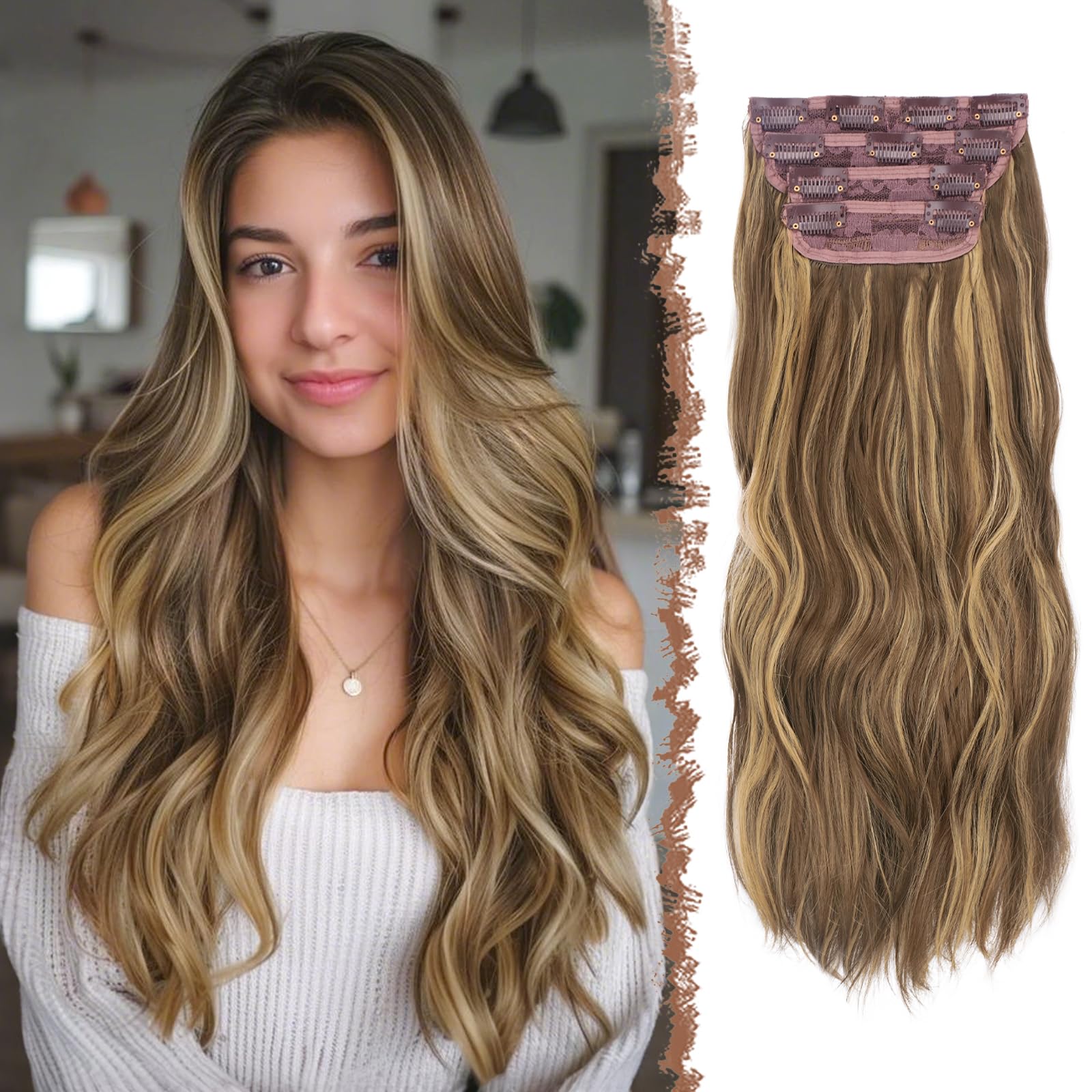 FESHFEN Clip in Hair Extensions for Women, 4 Pcs Thick Double Weft Long Wavy Soft Synthetic Blends Well Hair Extension