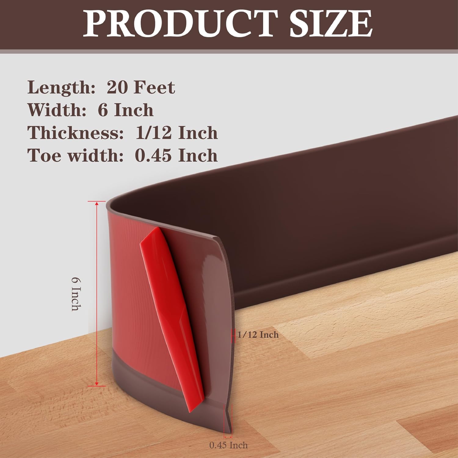 Flexible Baseboard Molding Trim 6" x 20 ft, Self-Adhesive Vinyl Wall Base Cove Base, Peel and Stick Rubber Wall Base Molding Trim - Coffee