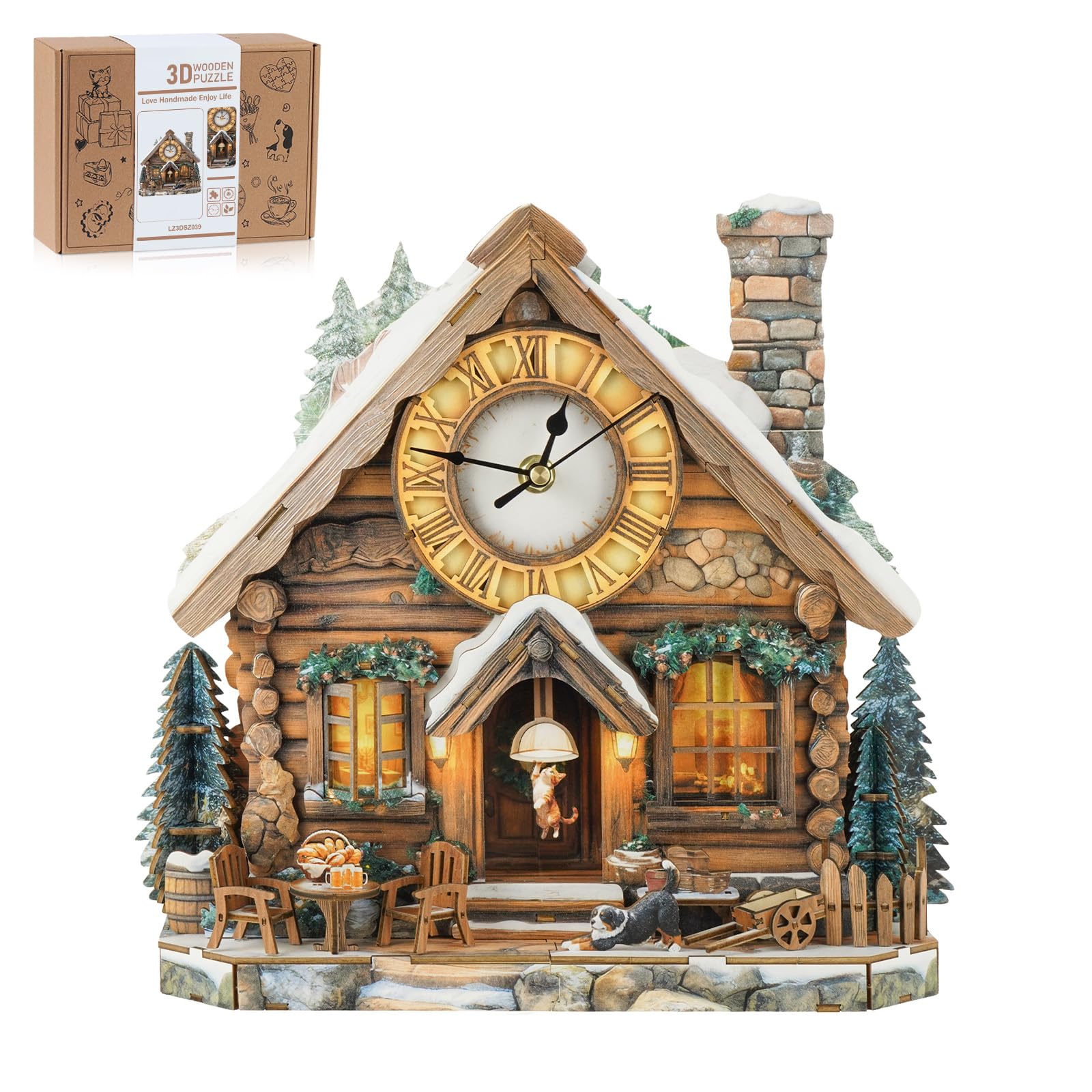 3D Puzzles for Adults-Wooden Swiss House Clock Puzzle DIY Clock Model Kit