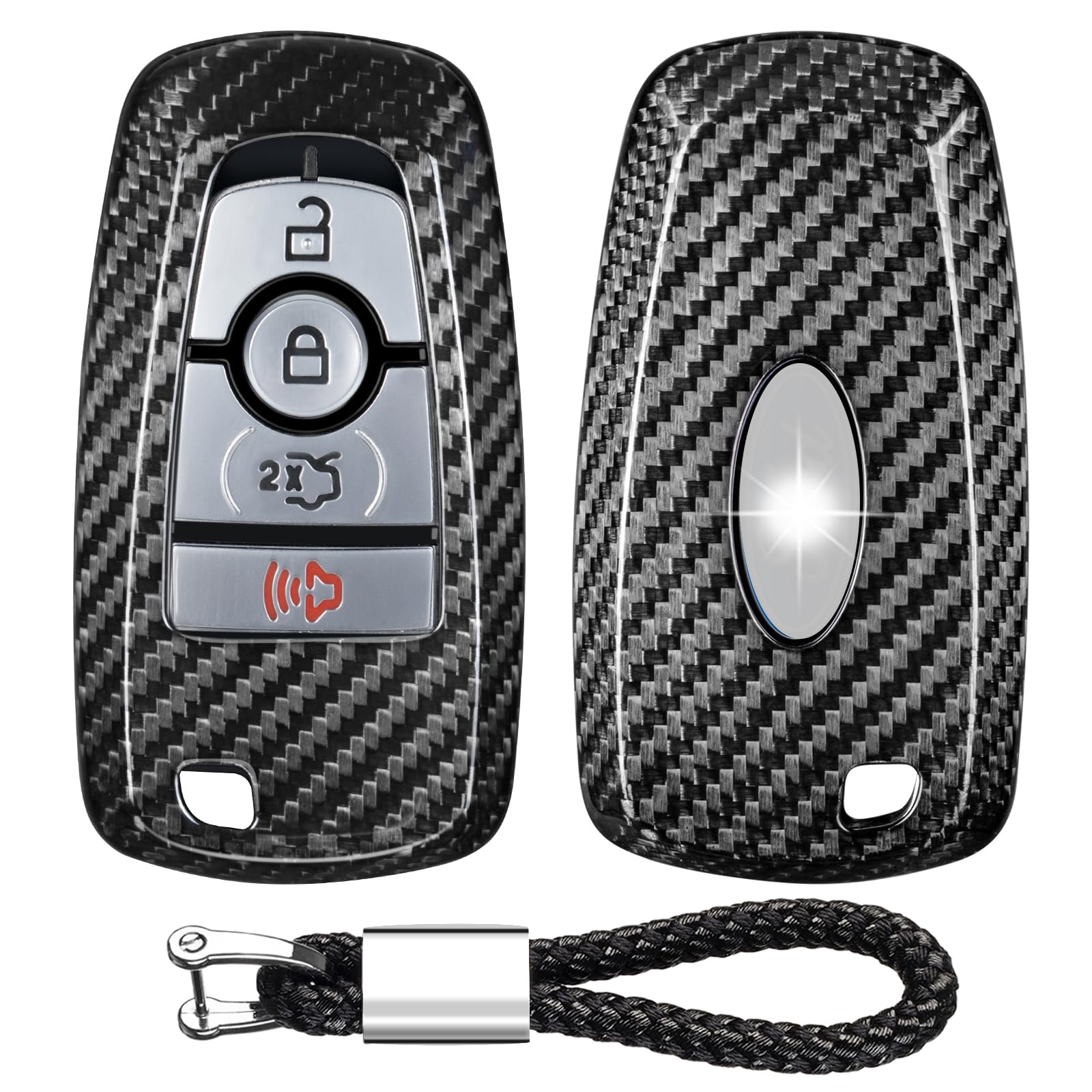 T-carbon Key Fob Cover with Keychain Compatible with Ford Mustang Mach-E, Real Glass Fiber Key Case Shell Fit for Ford Mustang Mach-E Escape Explorer 2021-2024 Mutang Smart Key,Silver Black