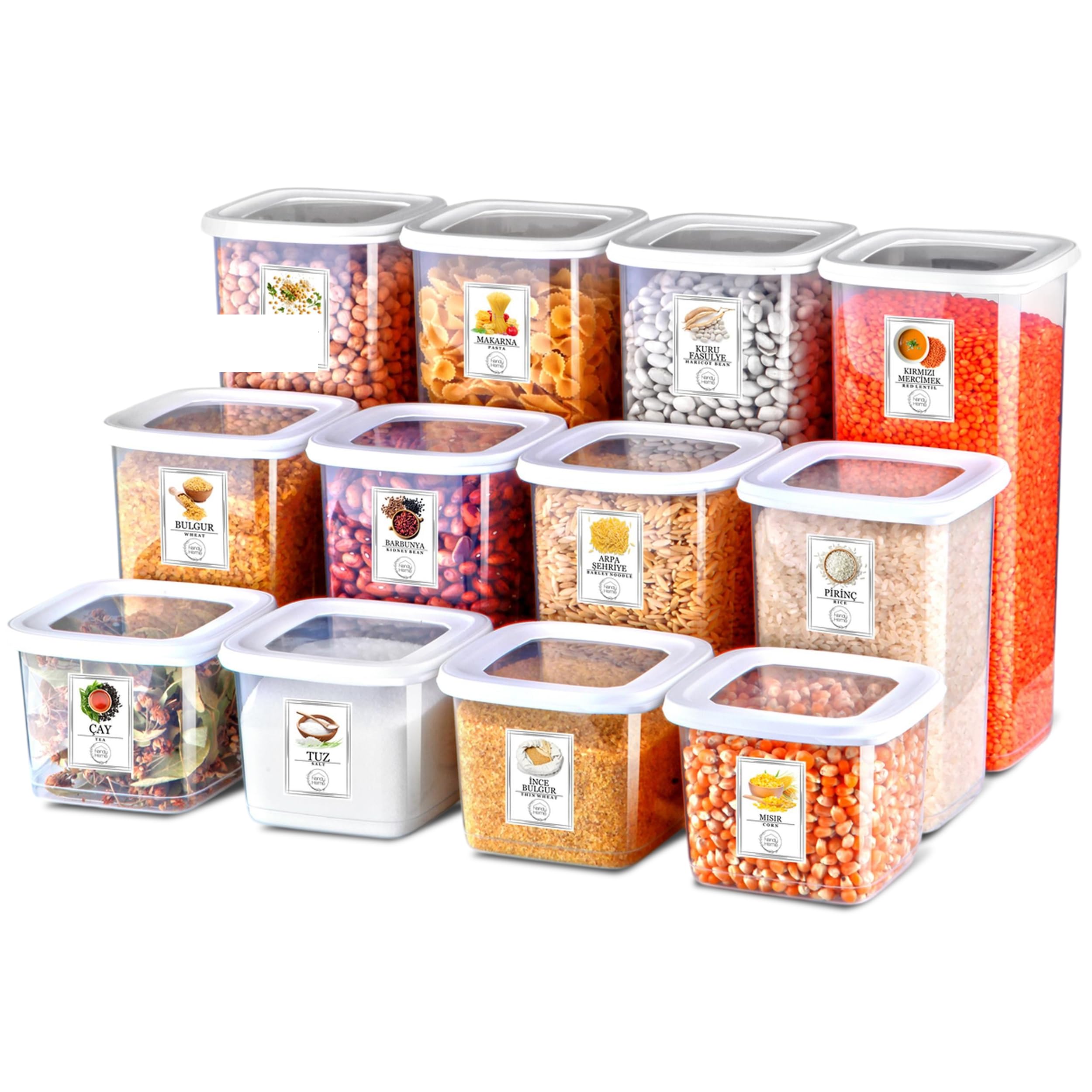 My Happy Home 12 Pcs Square Plastic Food Containers with Lids, BPA-Free Kitchen and Pantry Organiser with Labels, Stackable, Dishwasher Friendly, White โ image 1