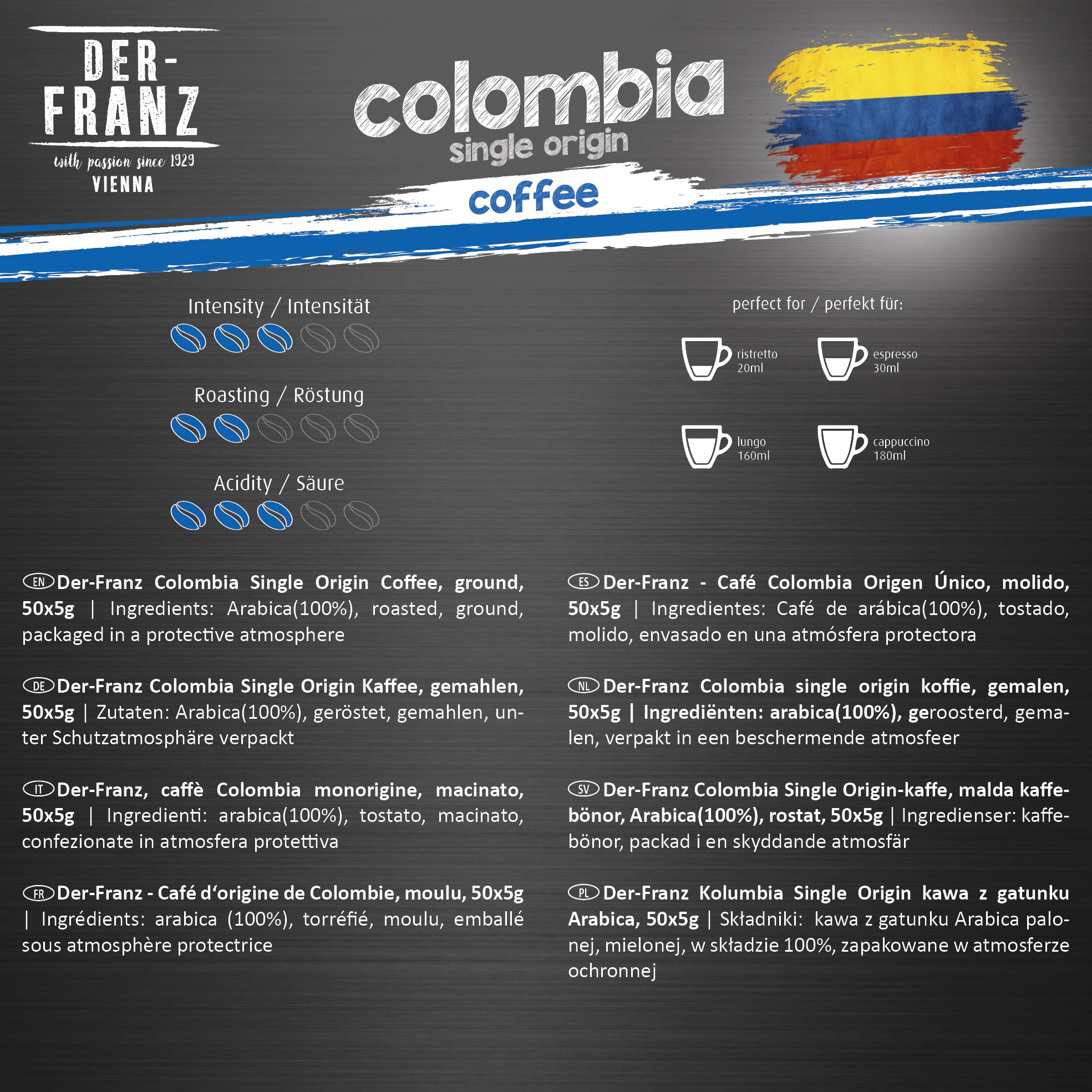 Der-Franz Café Pack, en grains, 6 x 500 g (1 x Crema, 1 x Espresso, 1 x Melange, 1 x Colombie, 1 x Espresso bio, 1 x Crema bio)