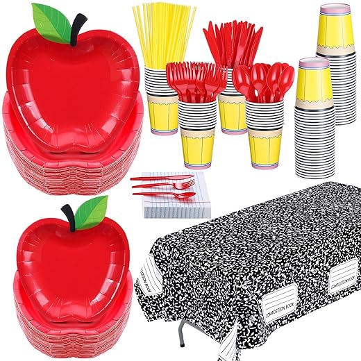 452 Pcs Preschool Graduation Party Decoration Kindergarten Teacher Paper Plates and Napkin Composition Notebook Tablecloth Pencil Tableware Set for Teachers' Day Back to School Party Supplies