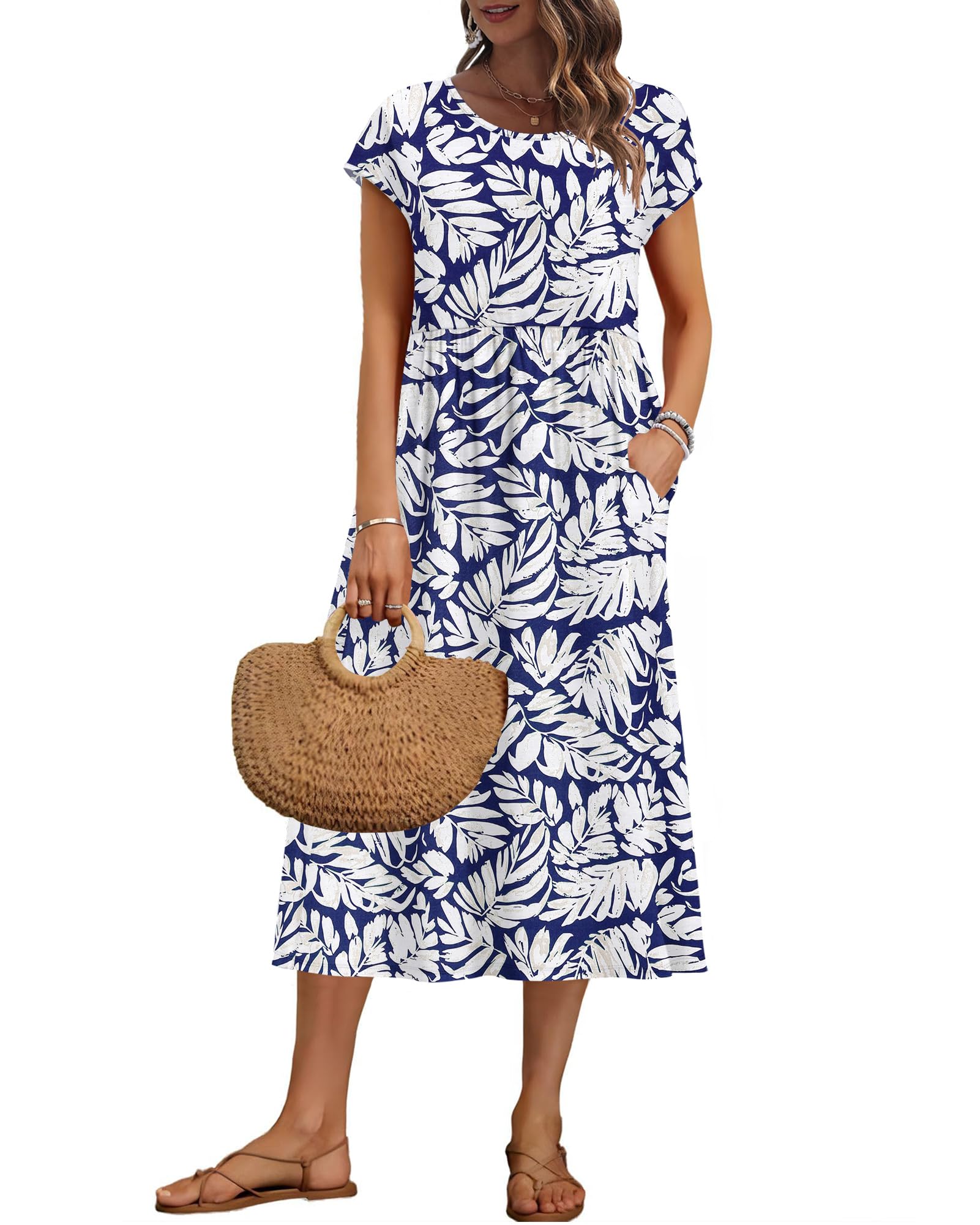 AUSELILY Women's Summer Short Sleeve Knee Length Dresses Basic Shift Midi Dress with Pockets, Indigo Shadow Leaf S