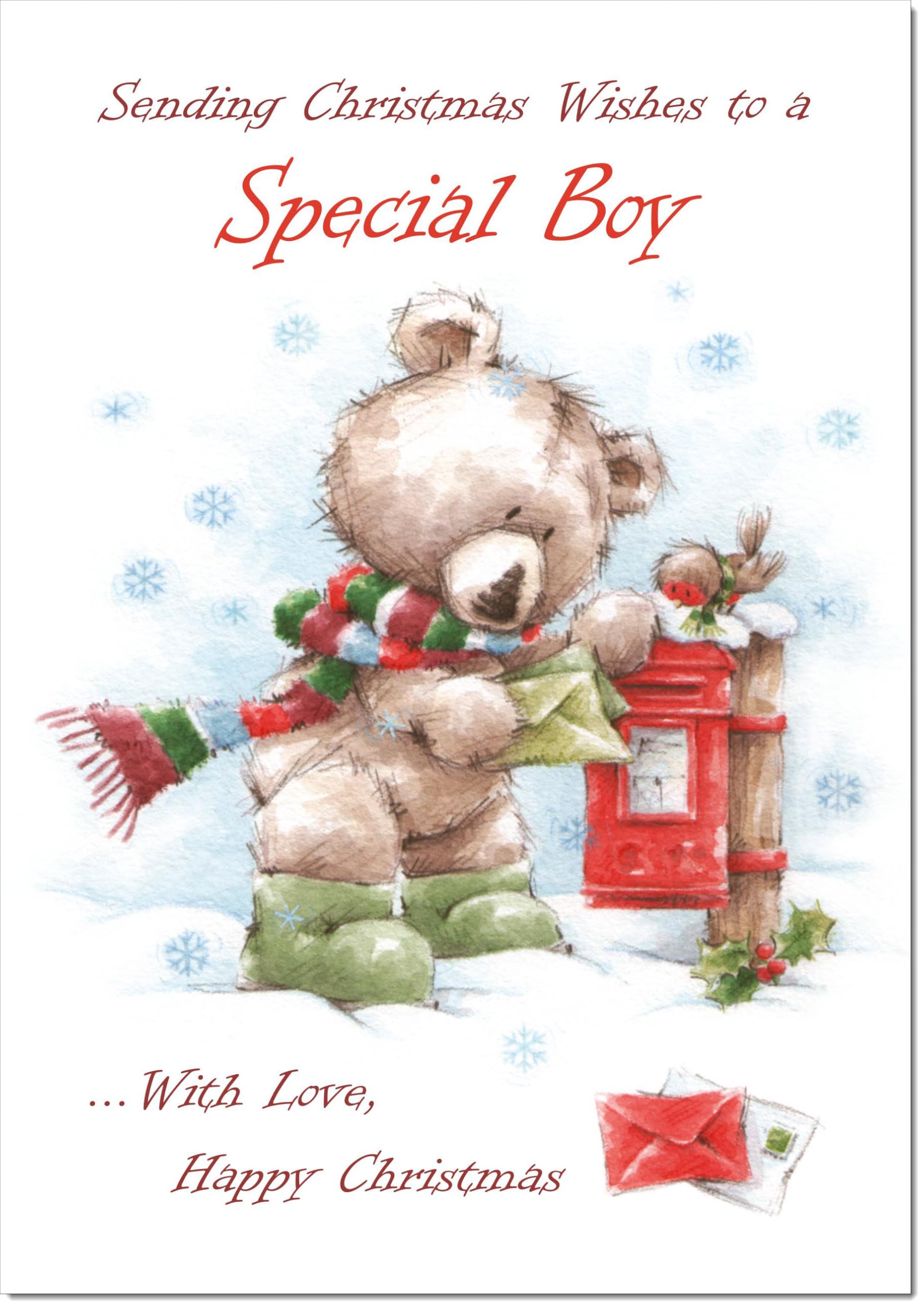 doodlecards Special Boy Christmas Card Cute Bear at Post Box Large A4 Size Christmas Card for Special Boy with Plain Envelope