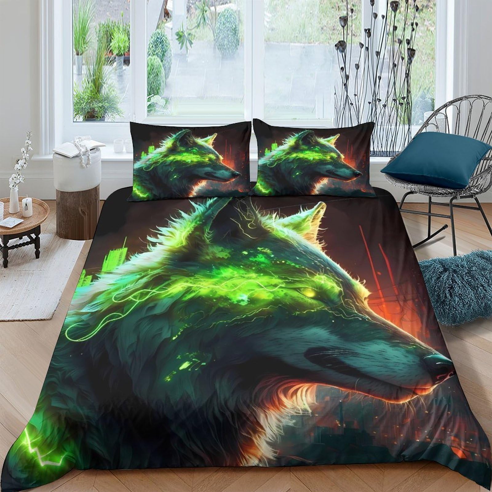 GPLZQXKJNH 3D Printed Green Wolf Duvet Cover Microfiber Soft Breathable Fire Wolf Bedding Set with 2 Pillowcases for Bedroom Decor Single（135x200cm）