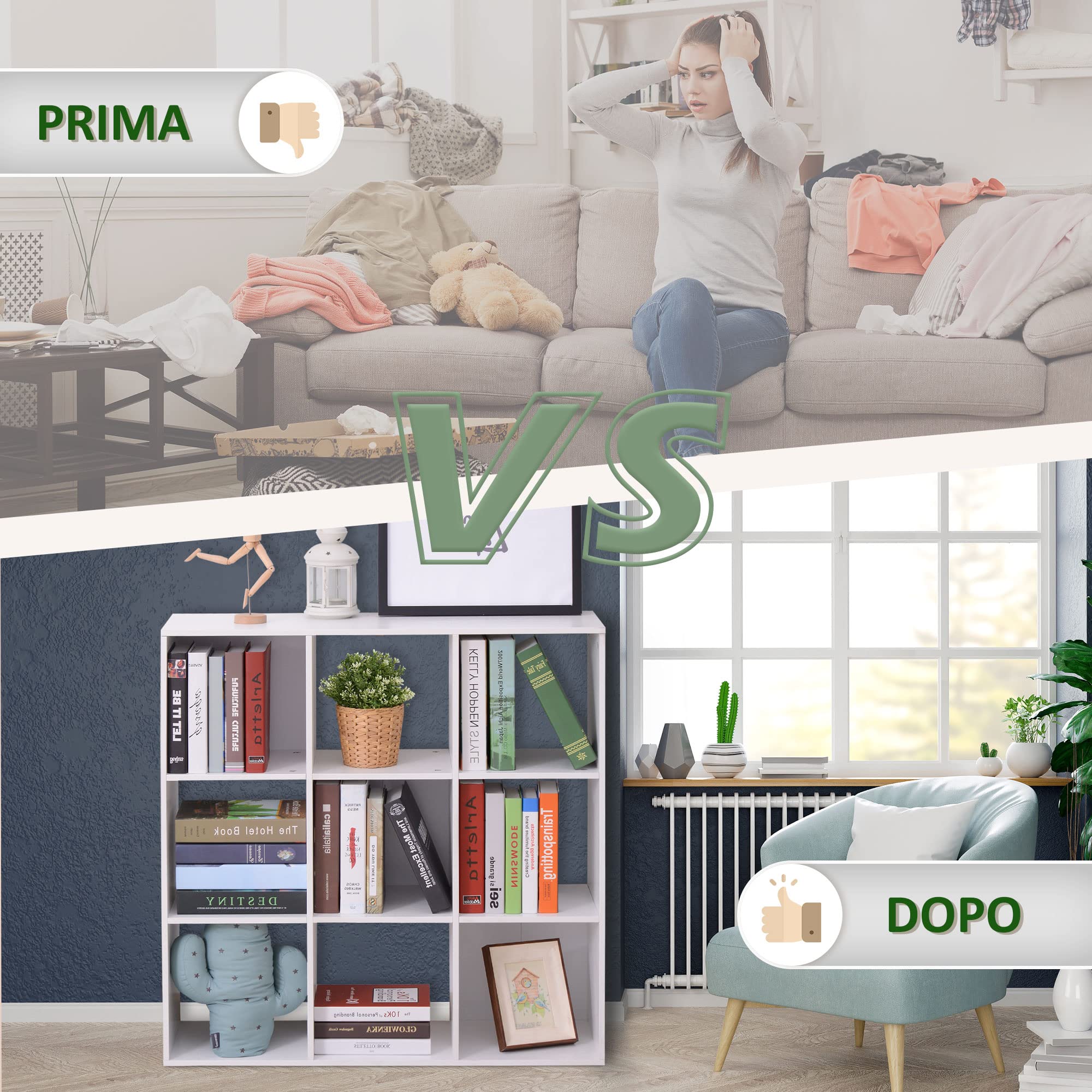 HOMCOM Libreria Bianca per Casa e Ufficio con 9 Scomparti 91x29.5x91cm | Scaffale dal Design Moderno, in Legno