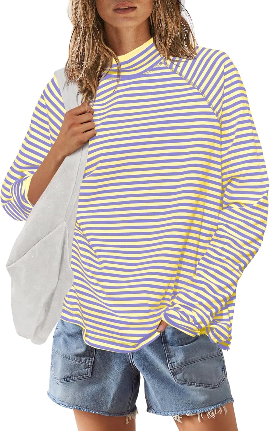 Yanekop Womens Striped Mock Neck Shirts Oversized Long Sleeve Tops Casual Pullover Tops Fall Fashion Basic Tees - Image 2