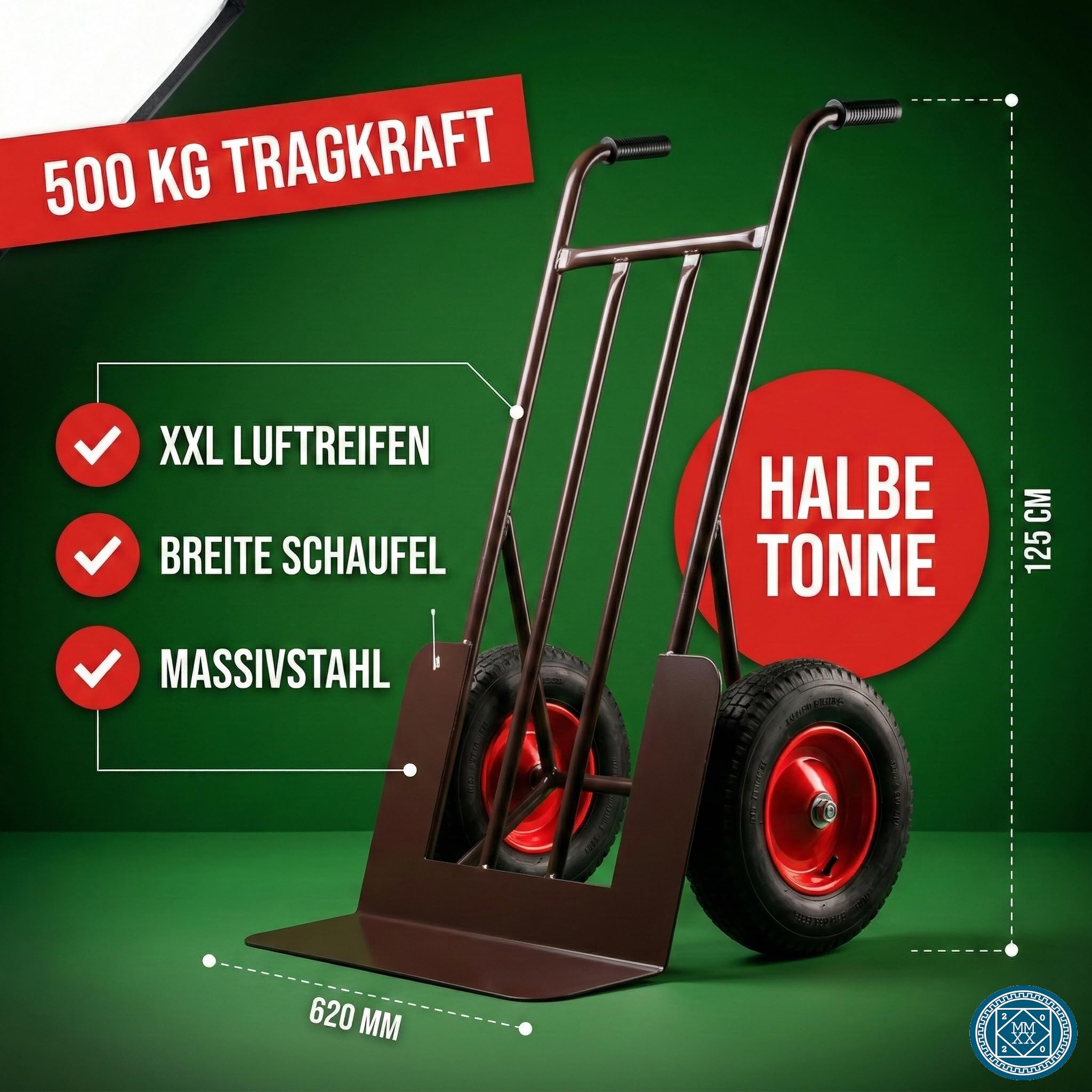 Sackkarre 500 kg – Robuste Stapelkarre Luftreifen mit Kugellager, Transportkarre Stahl, Handkarre mit Sicherheitsgriffen und Stahlblechschaufel, Paketkarre Lastenkarre Stahlrohr, Braun
