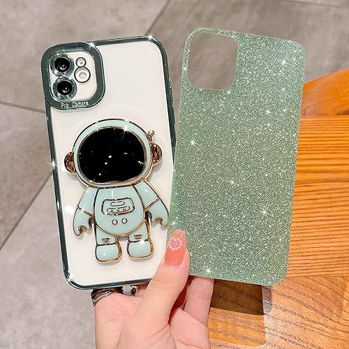 Miniatura 4 de MGQILING Funda compatible con iPhone 11 con soporte oculto de astronauta, bonita funda de teléfono con purpurina 6D para mujeres y niñas, funda