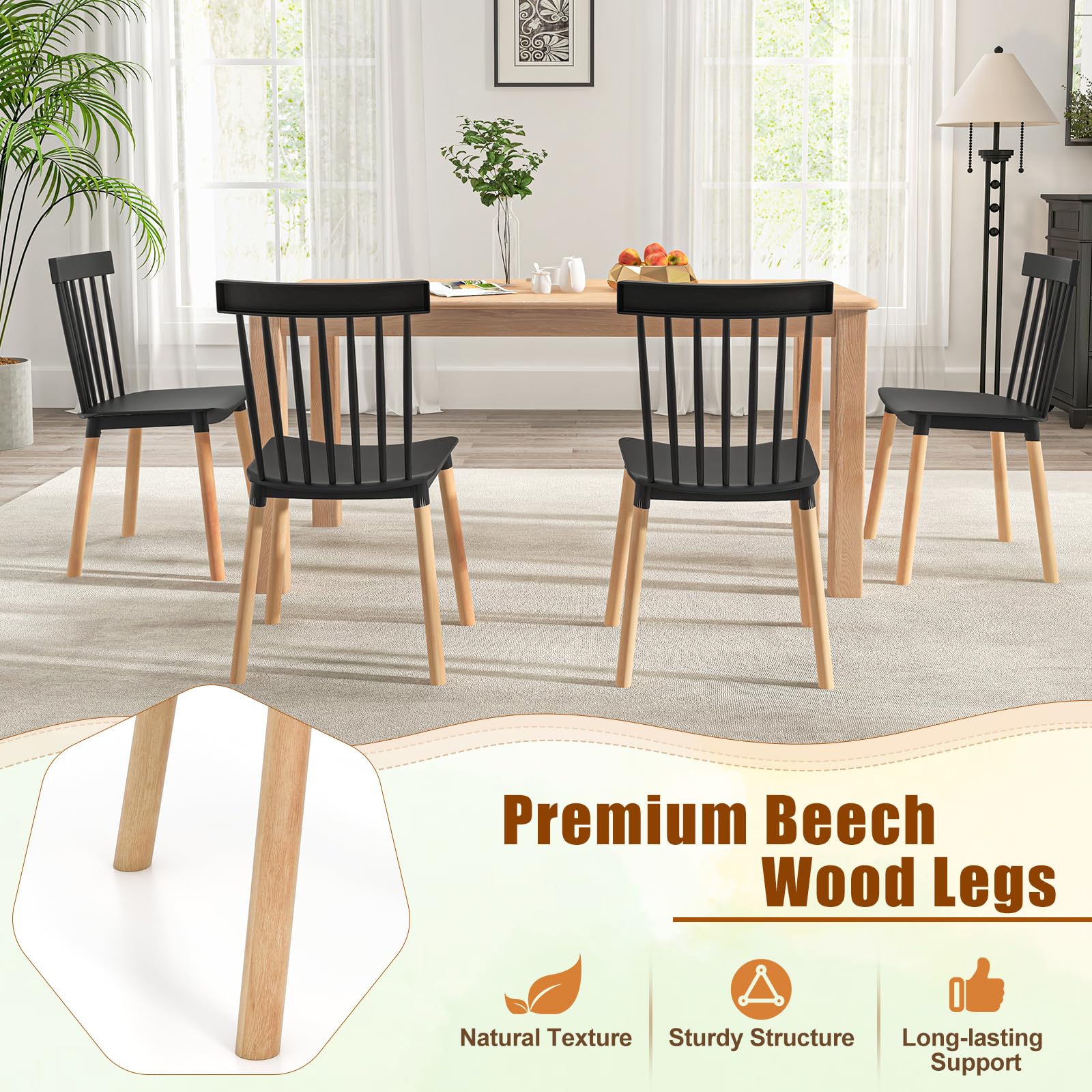 Giantex Set Of 4 Windsor Dining Chairs | Solid Beech Wood Legs, Spindle Back, Curved Seat | White, Armless Side Chairs
