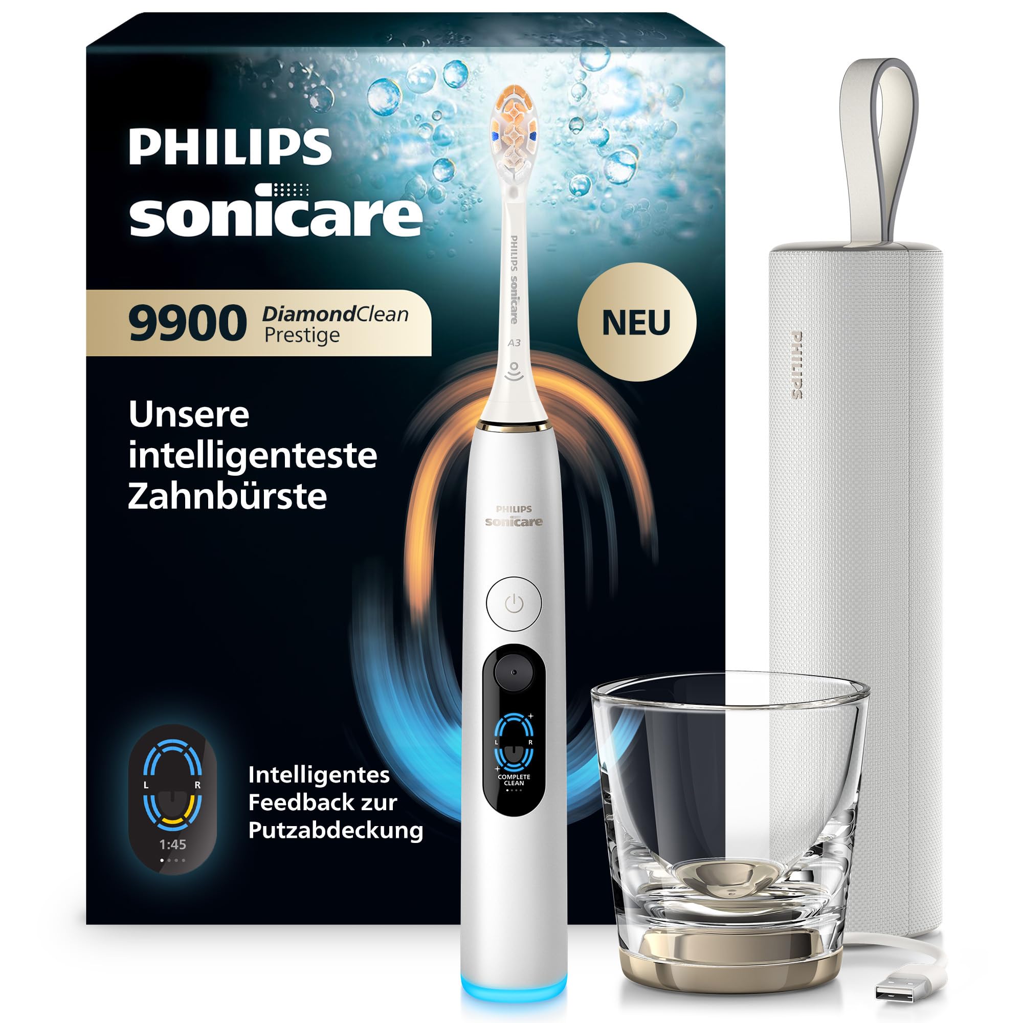 Philips Sonicare Next-Generation DiamondClean 9900 Prestige elektrische Zahnbürste - intelligentes Feedback zur Putzabdeckung, intelligente Andruckkontrolle, 24 Einstellungen, Silberweiß, HX9813/91