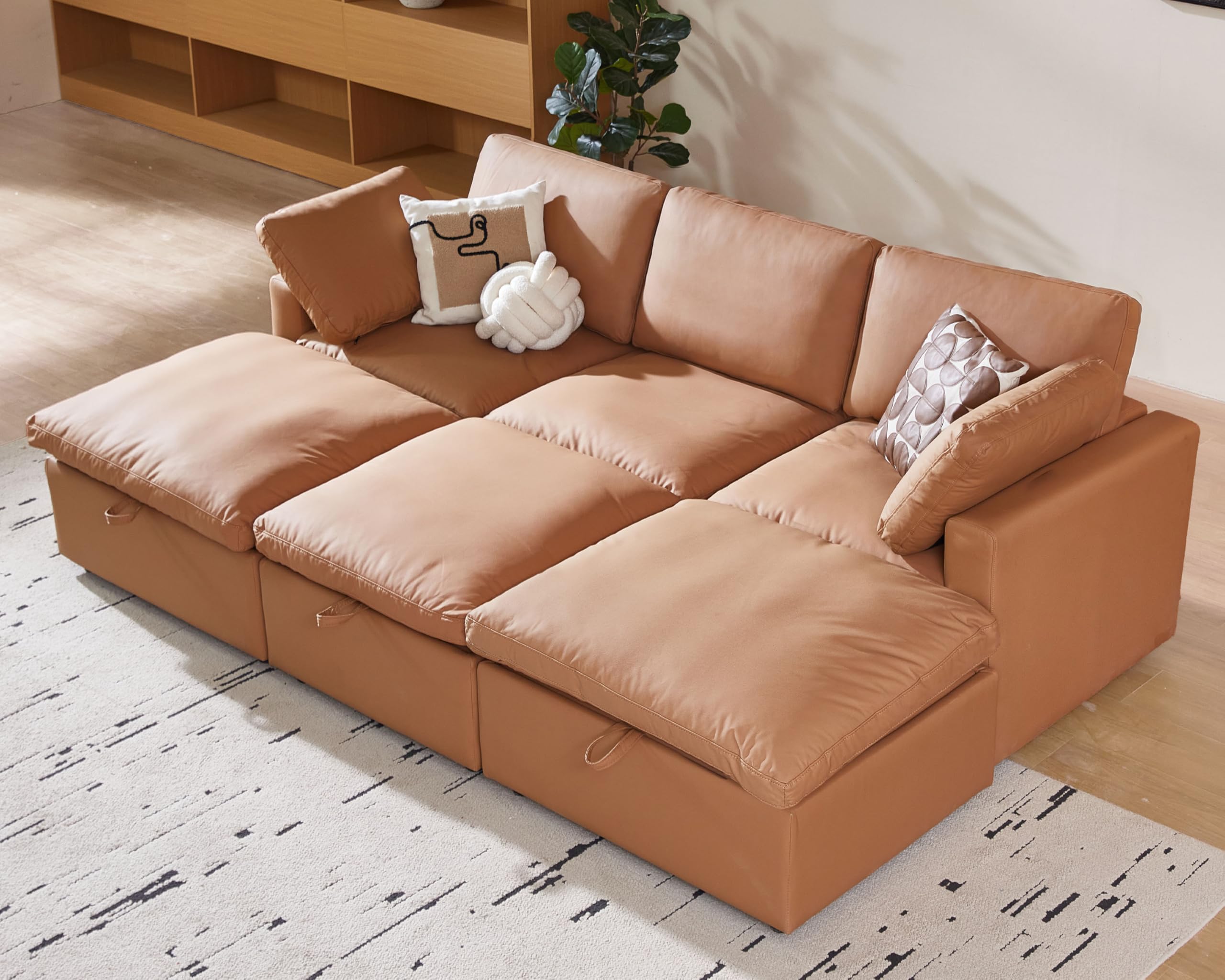 WEUP 102" Faux Leather Modular Sectional Couch, 6 Seat Sleeper Sofa Bed with Storage Ottomans, Scratch Resistant Leather Sofa, Spacious Deep Seat, Mid