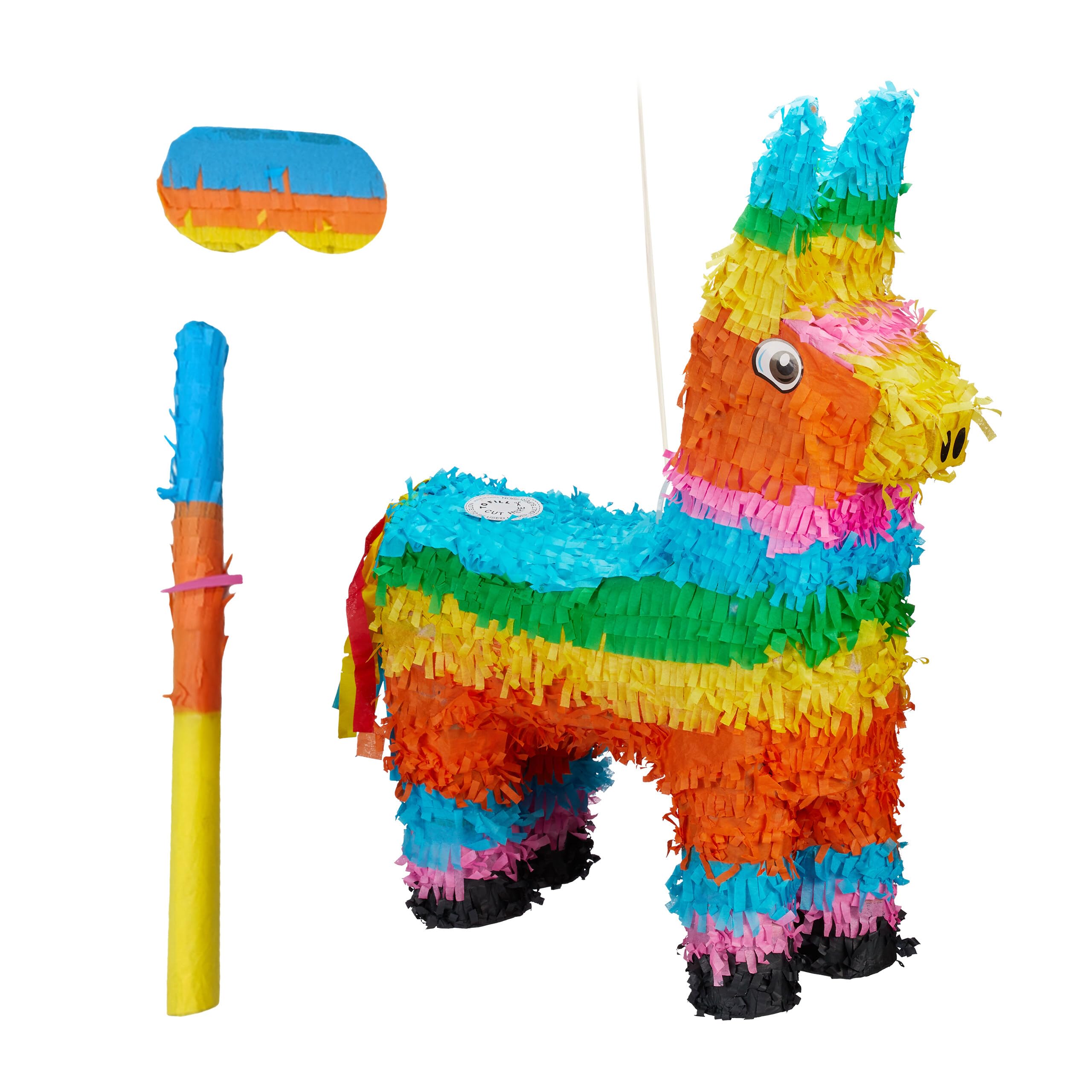 Relaxdays Donkey Piñata with Stick & Mask, Fillable Party Favor for Kids, 56x41x13 cm, Colorful