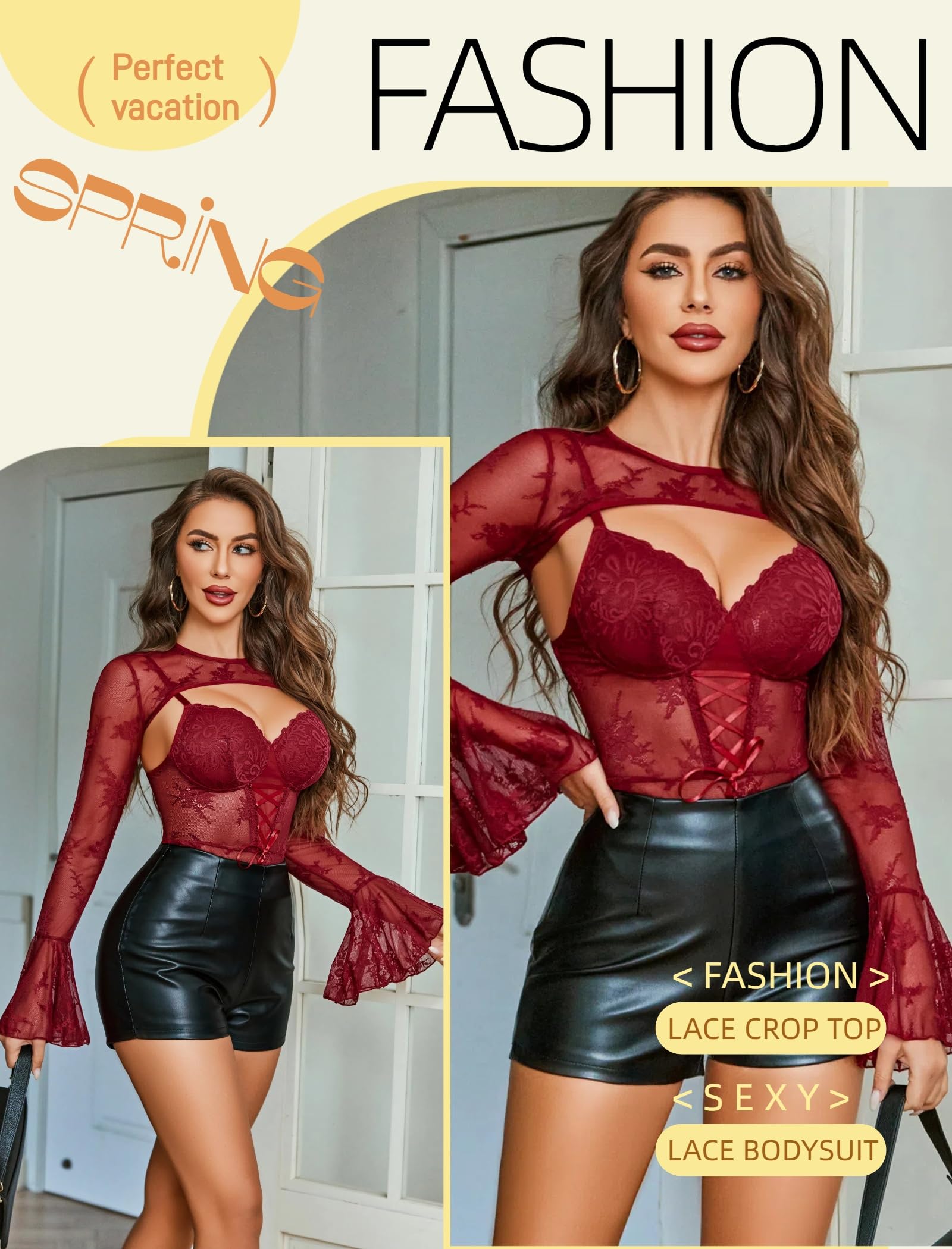 Avidlove Women Lace Bodysuit with Crop Top Sexy Going Out Bodysuit Floral Lace Lingerie Set Sexy Rave Outfits: C-wine Red Medium