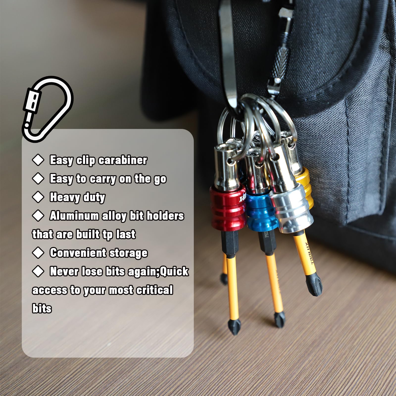 X-STEEL 6Pcs Bit Holder, 1/4 Drill Bit Holders, Keychain Drill Screw Adapter Change Portable, With Black Carabiner for Tools & Home Improvement Gift - 3
