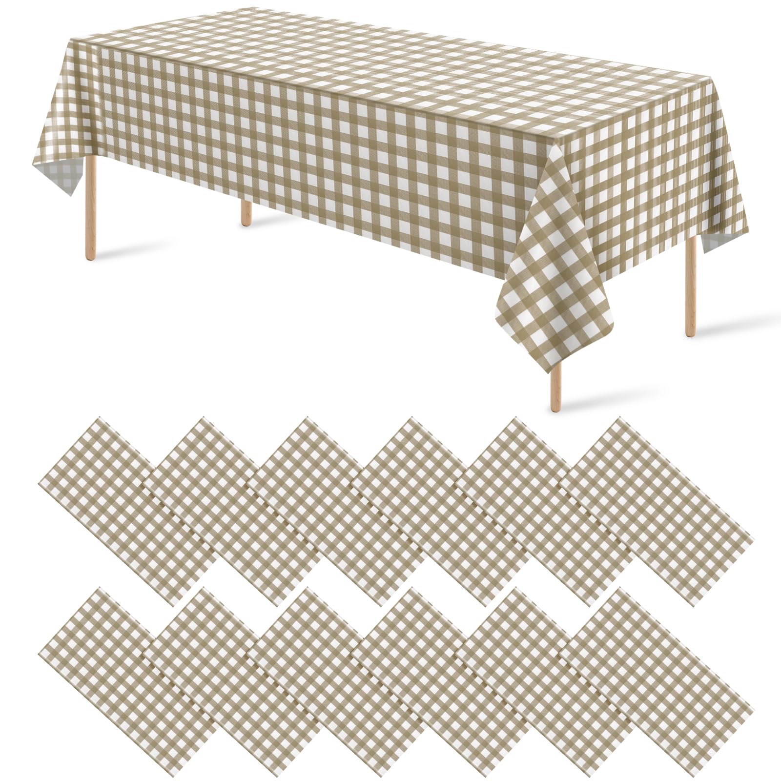 Photo 1 of 12 Pack Brown and White Plastic Checkered Tablecloth, Premium Decorative Disposable Tan Gingham Plaid Table Cloths for Parties, Rectangle Party Table Cover for Picnic Farm Birthday Fall, 54x108 Inch