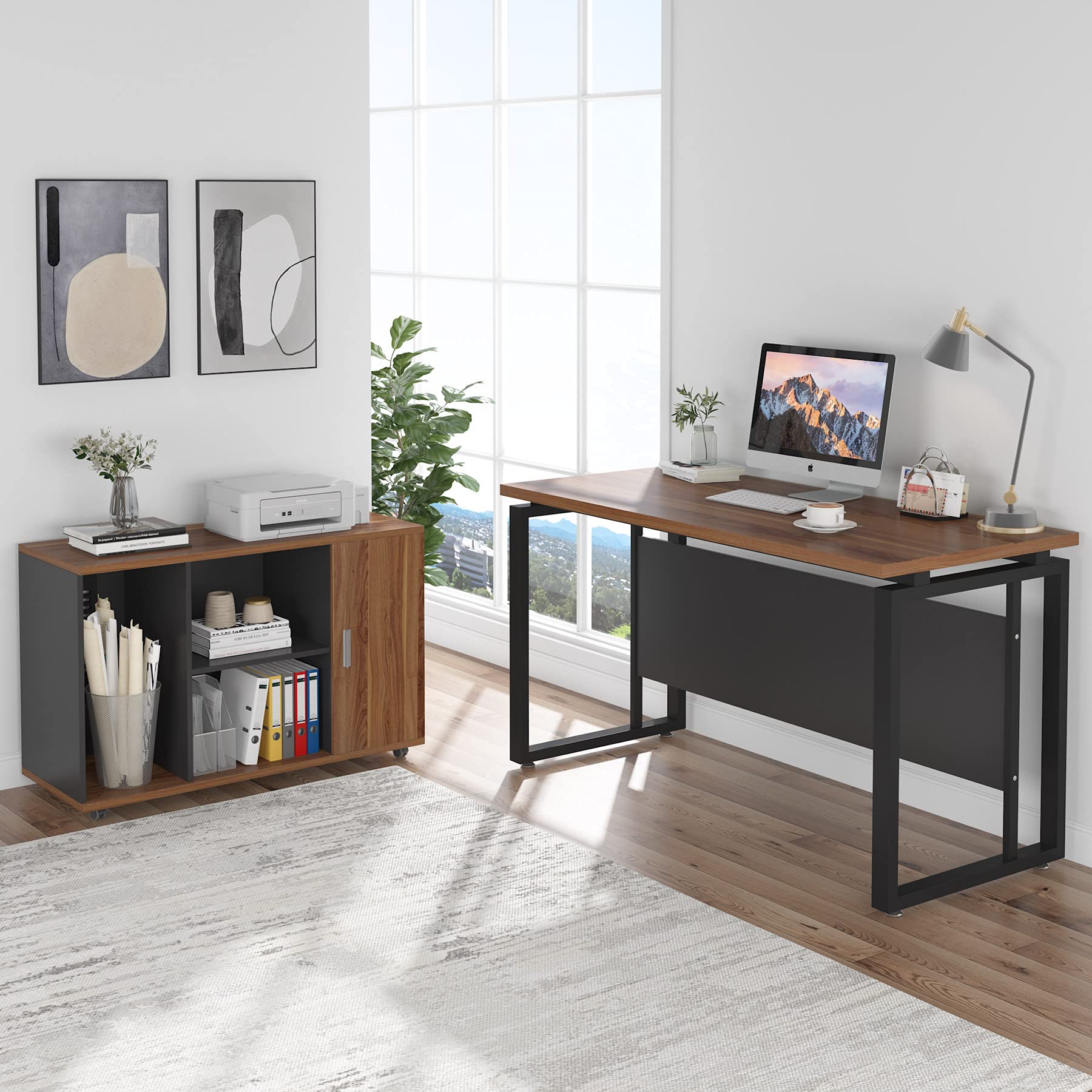 Tribesigns 55 inches Computer Desk with 39 inche File Cabinet Set,L Shaped Executive Desk with Shelves, Office Table Business Furniture with Cabinet Combo, Dark Walnut + Steel Gray Legs