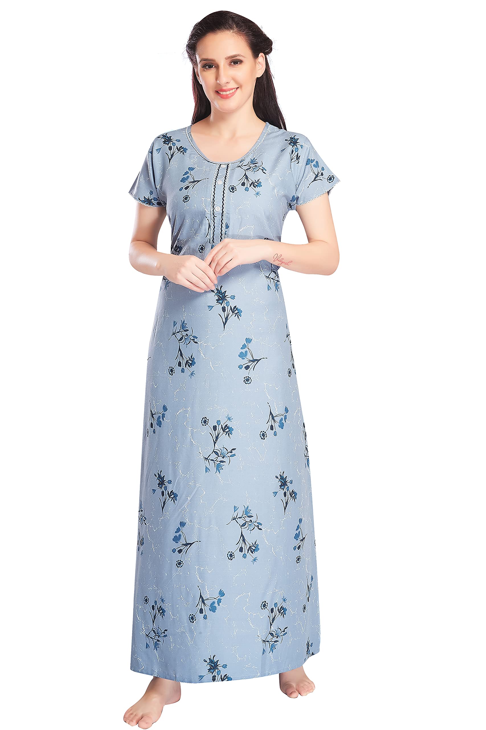 Twenty Four CarrotsWomen's Rayon Cotton Night Gown | Comfortable Printed Sleep Wear for Women with Short Sleeves | Stylish and Fashionable Nighty to Sleep-in