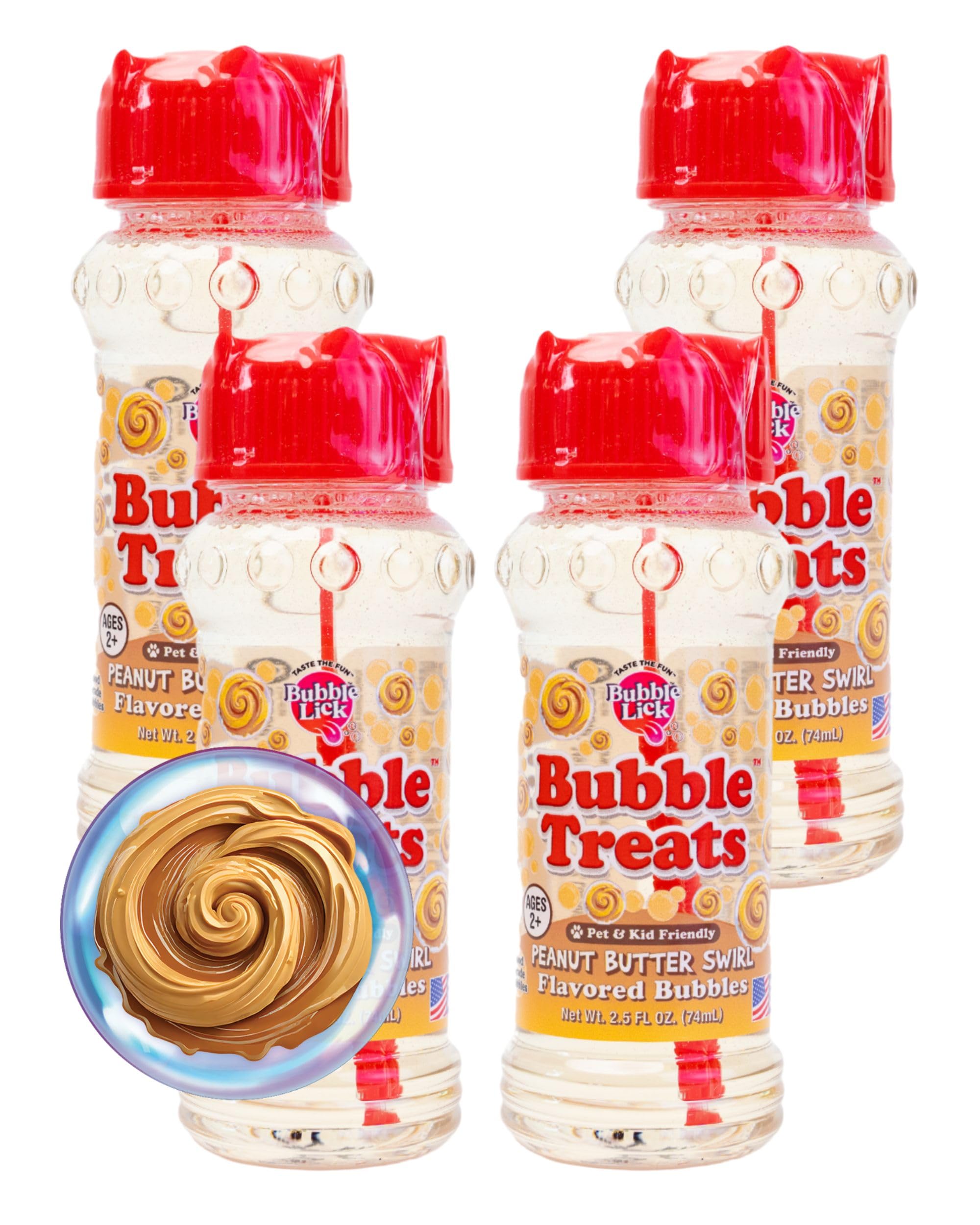 bubble treats peanut butter (2.5 fl oz, 4 pk) edible bubbles for kids & dogs, premium natural flavored bubble solution, refillable bubble solution