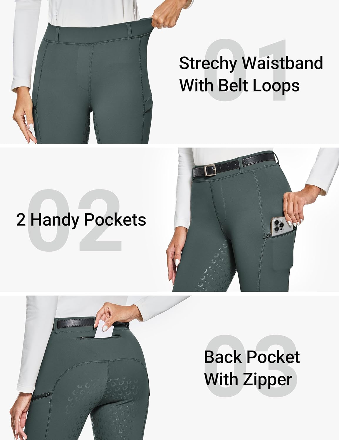 FitsT4 Sports Women's Winter Horse Riding Pants with Zipper Pockets Full Seat Riding Tights Fleece Lined Equestrian Breeches - Image 2