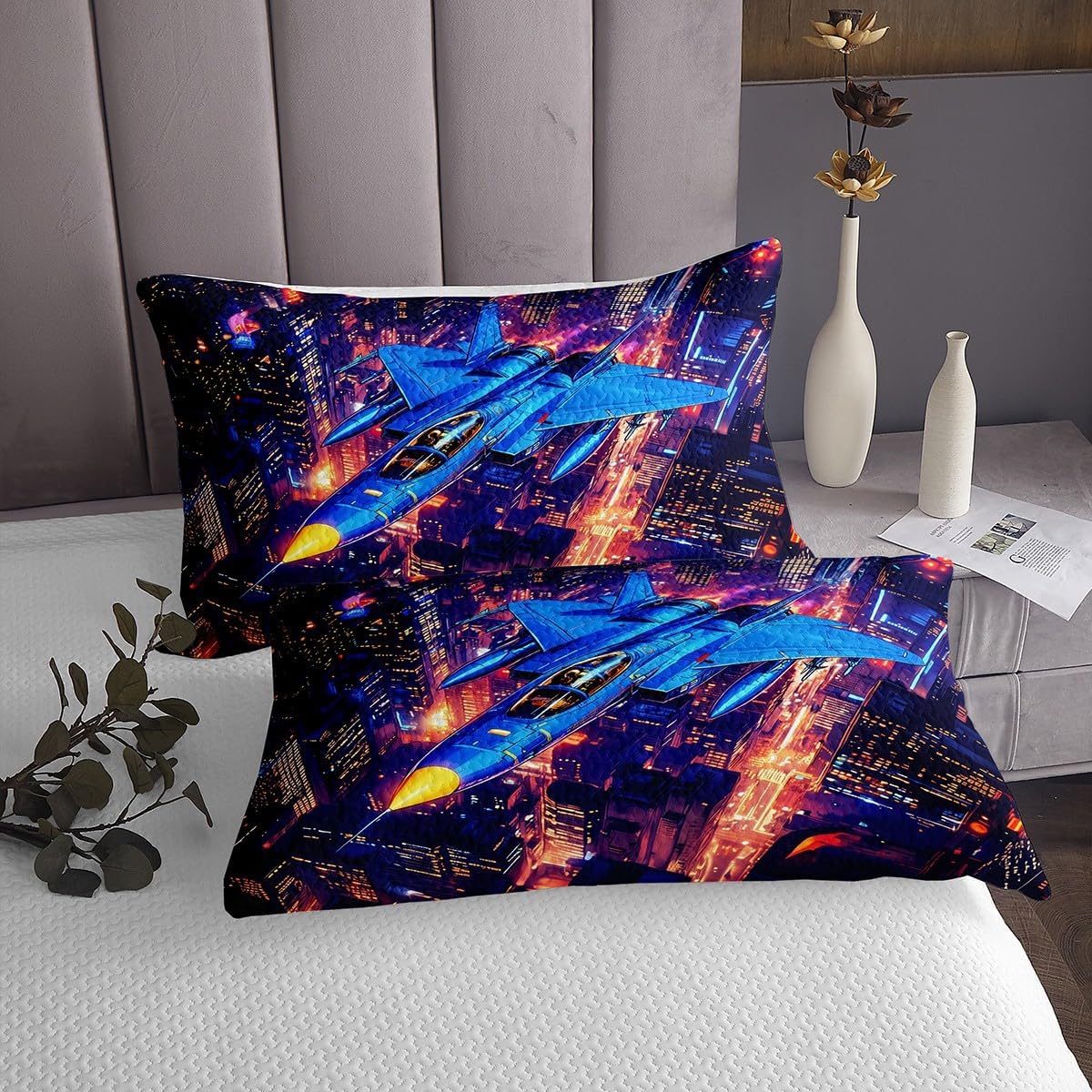 Homewish Flying Aircraft Bedspread King Size,Flight Fighter Quilt for Kids Girls Boys Room Decor,Airplane Neon Style Steampunk Bedding Set 3Pcs,Cityscape Night Scenery Coverlet Set,2 Pillowcases