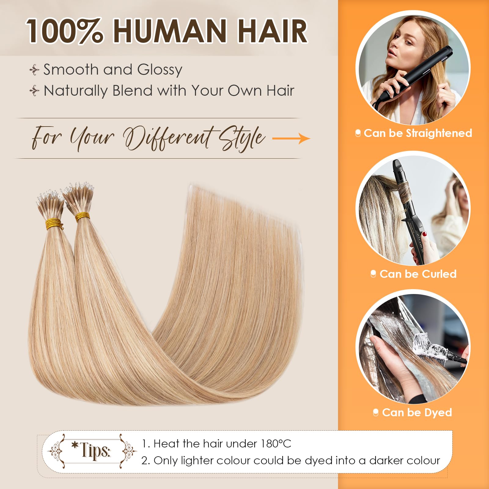 Elailite Nano Beads Hair Extension Real Human Hair With Nano Ring 50 Strands Cold Fusion Straight (#18/613 Ash Blonde Mix Bleach Blonde - Image 4