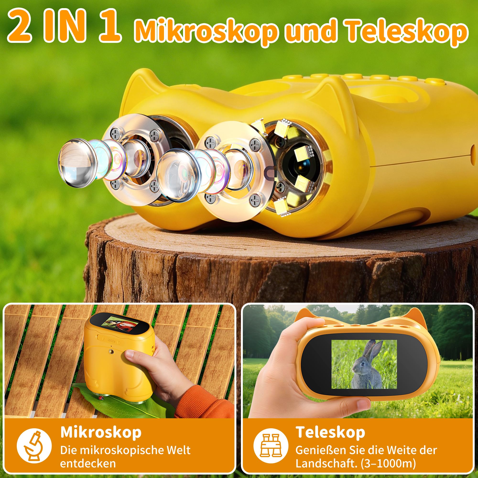 2-in-1-Mikroskop und Teleskop, 1000 x Handmikroskop, 10-faches Teleskop für Kinder, Temodu 4K 2.0 inch Bildschirm, Kinder-Teleskope mit 1920p,Mini-Taschen-Mikroskop, Science draussen ab 3 Jahren