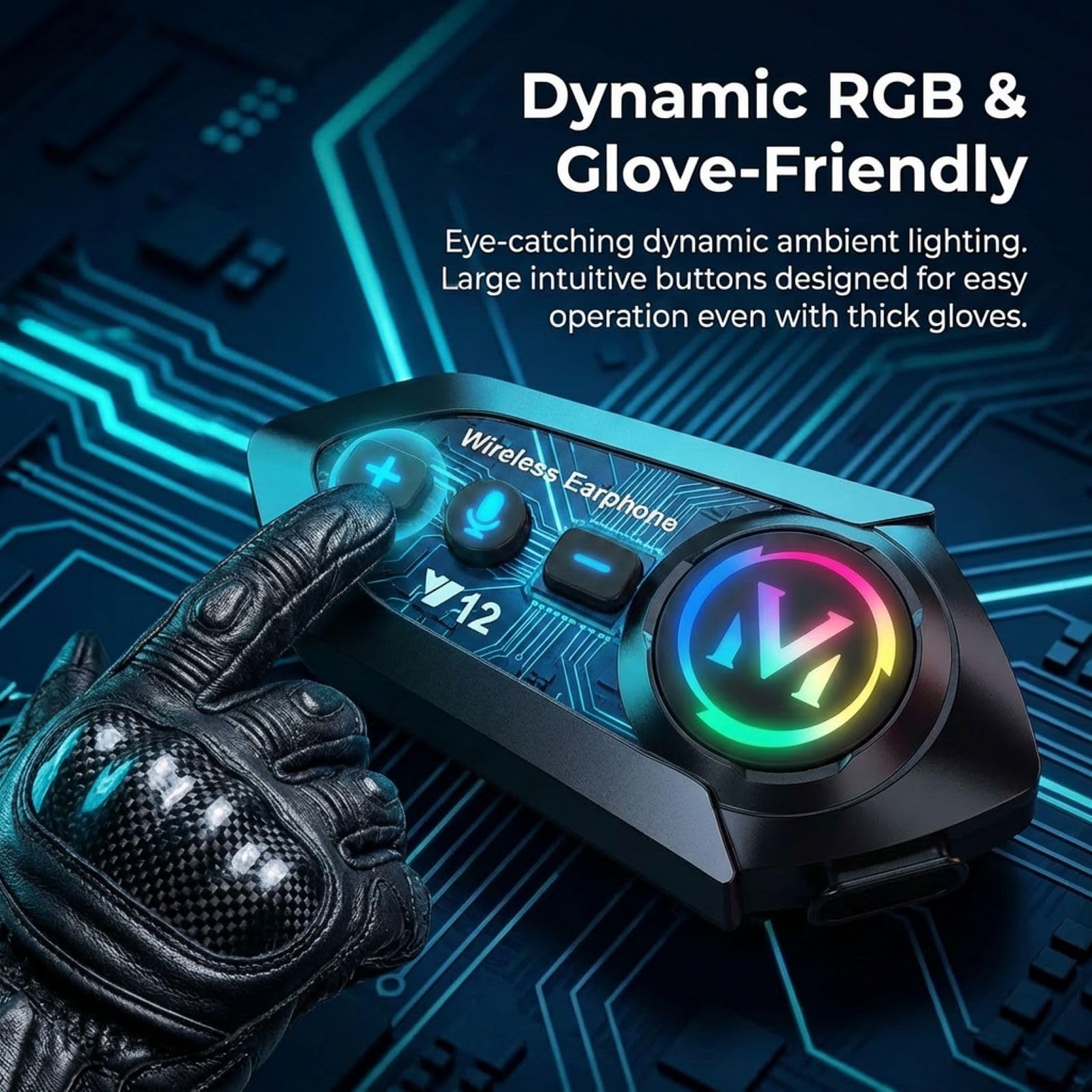 Écouteurs Moto Bluetooth 5.4, Kit Casque Moto Double Suppression du Bruit avec Assistant Vocal, IP65 Étanche, Éclairage RGB Appels HD, HiFi Musique et Navigation en Même Temps pour Tous les Casques