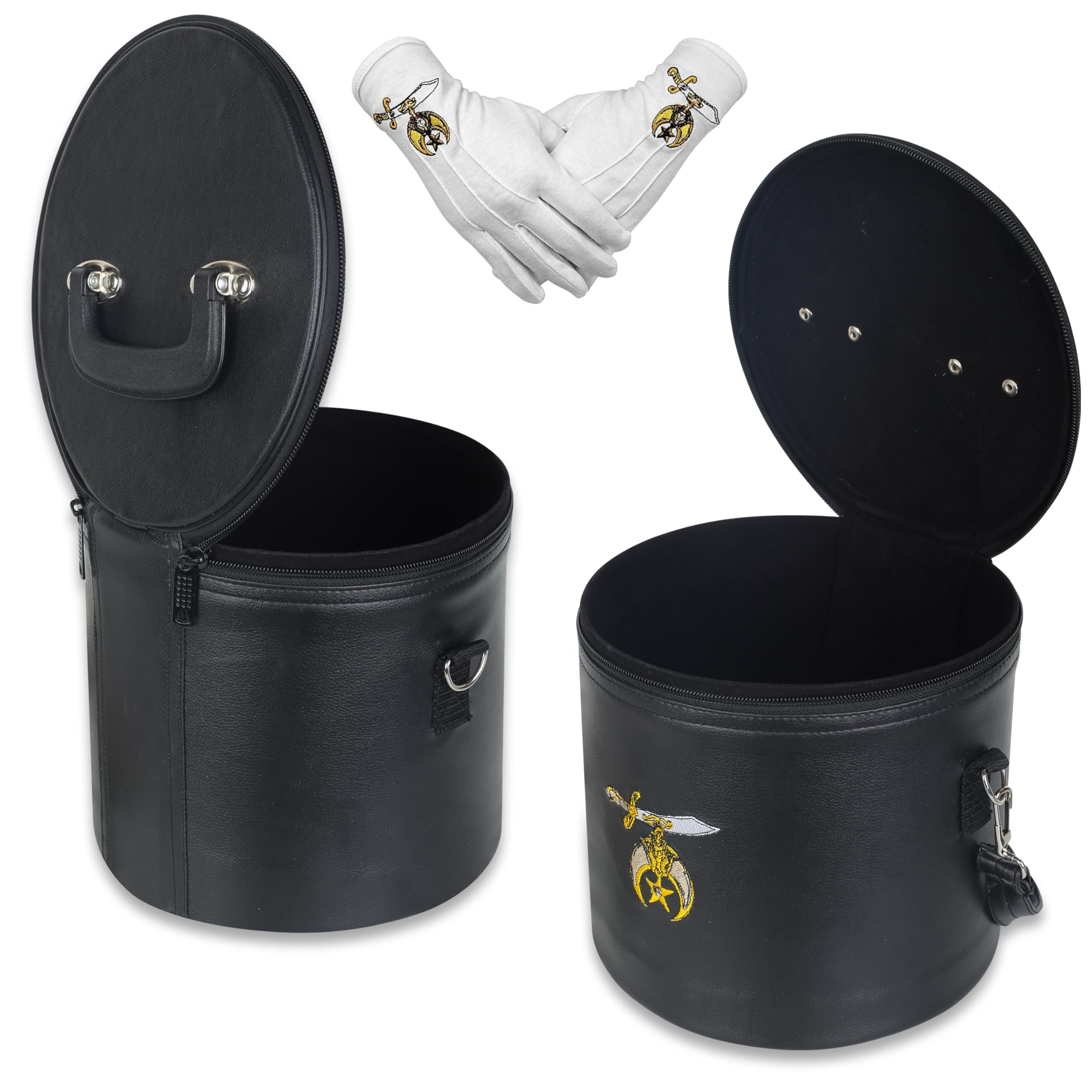 SialkotCrafts Masonic Shriner Fez Case With Free Gloves - Shriners Black Leather Embroidered Logo Fez Cap For Shriners With Strap For Hanging on Shoulder And Free Embroidered Shriners Gloves