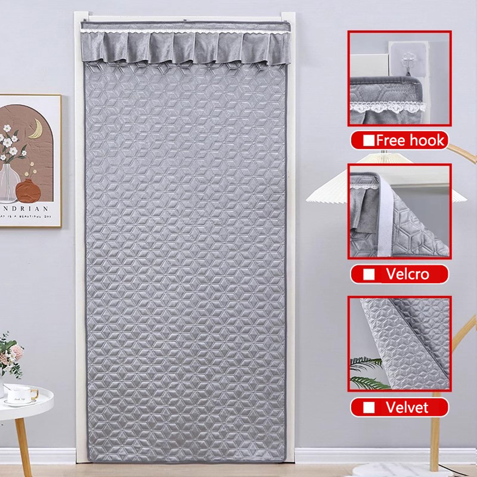 Izolowana termicznie zasłona drzwiowa na zimę szara osłona działowa samouszczelniająca wiatroszczelna do użytku na zewnątrz / wewnątrz 80 x 220 cm idealna do kuchni i sypialni