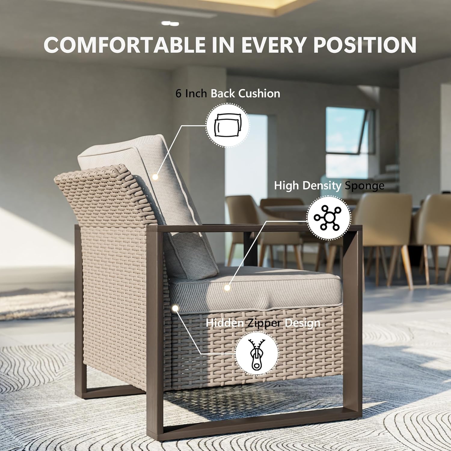3 Piece Patio Chair Set, Outdoor Wicker Chair and Side Table, Metal Patio Furniture with Deep Seating, Thicken Cushions for Deck, Porch, Yard Use (Beige, 3 PCS/Chairs)