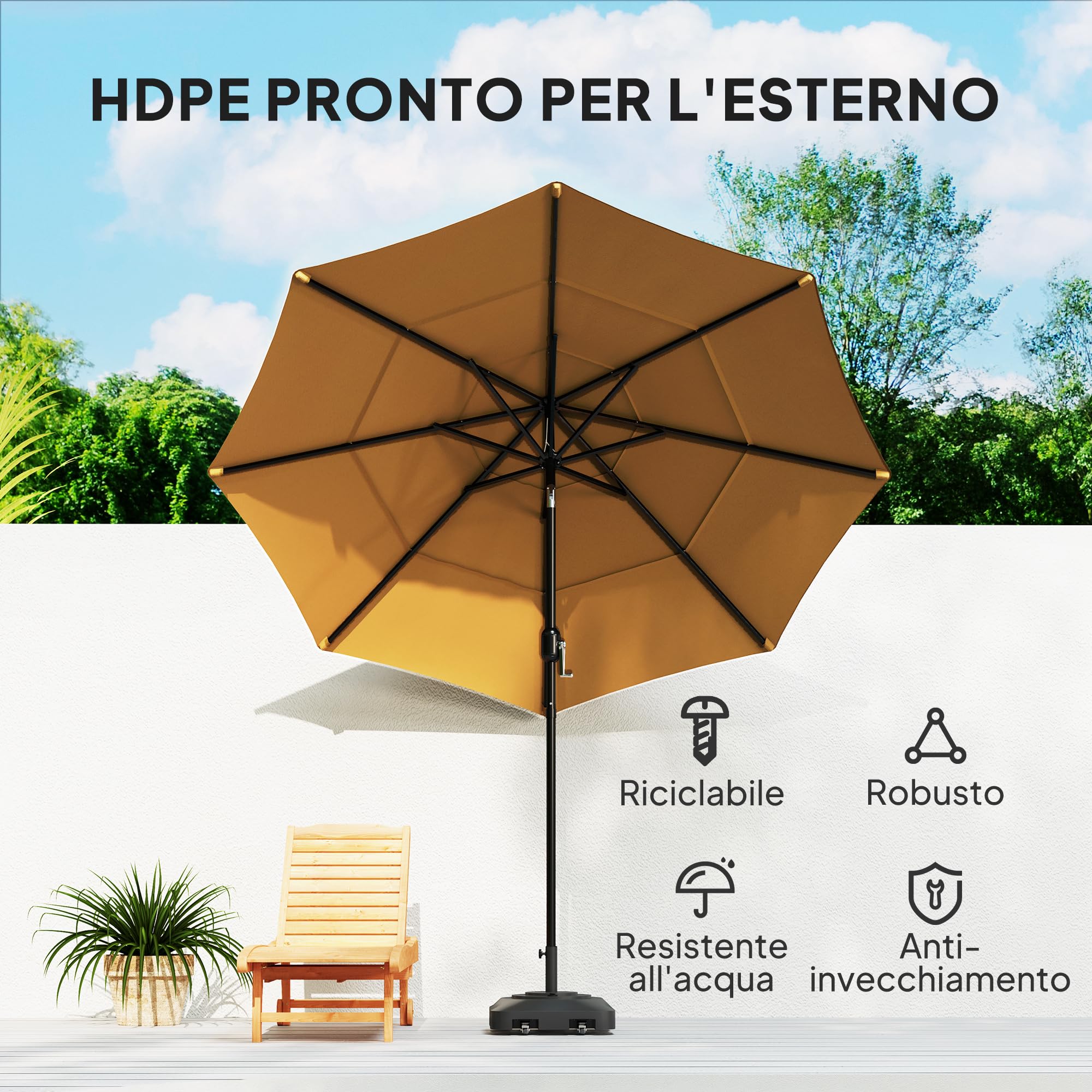 Outsunny Base per Ombrellone a Rotelle con 2 Freni, Basamento per Ombrellone in HDPE con Acqua 19kg e Sabbia a 25 kg, per Pali di Ombrelloni da Ø38/48 mm, 48x48x32.5 cm, Nero