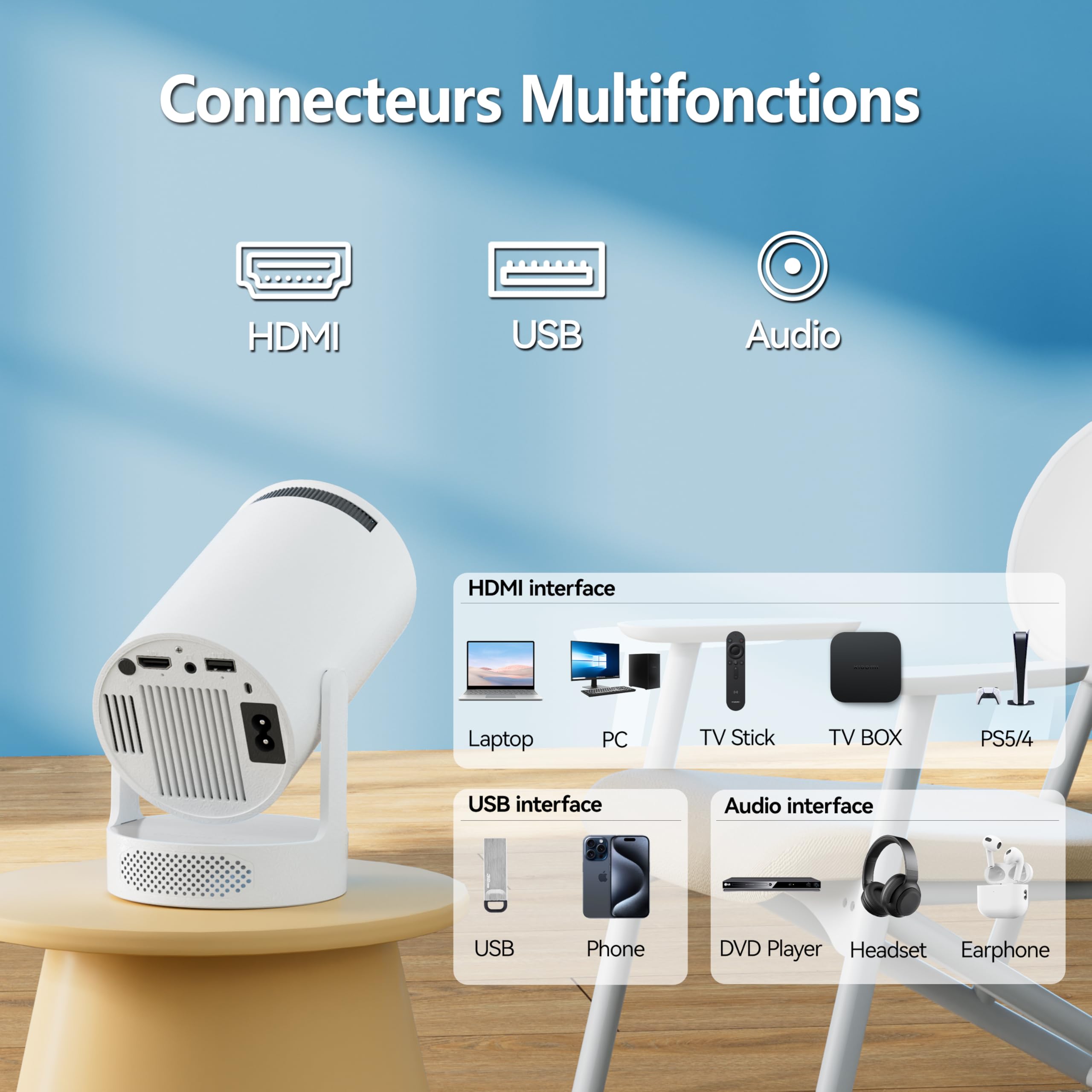 Vidéoprojecteur Intelligent Android 11, Mini Projecteur Portable FHD 1080P 4K, 300 ANSI Lumens, WiFi 6 Bluetooth 5.0