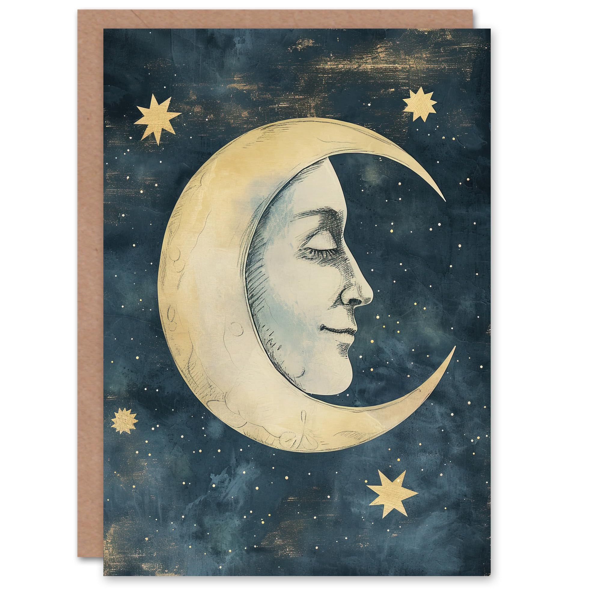 Artery8 Man in Moon with Stars Drawing Vintage Peaceful Greeting Birthday Card Him Her All Blank