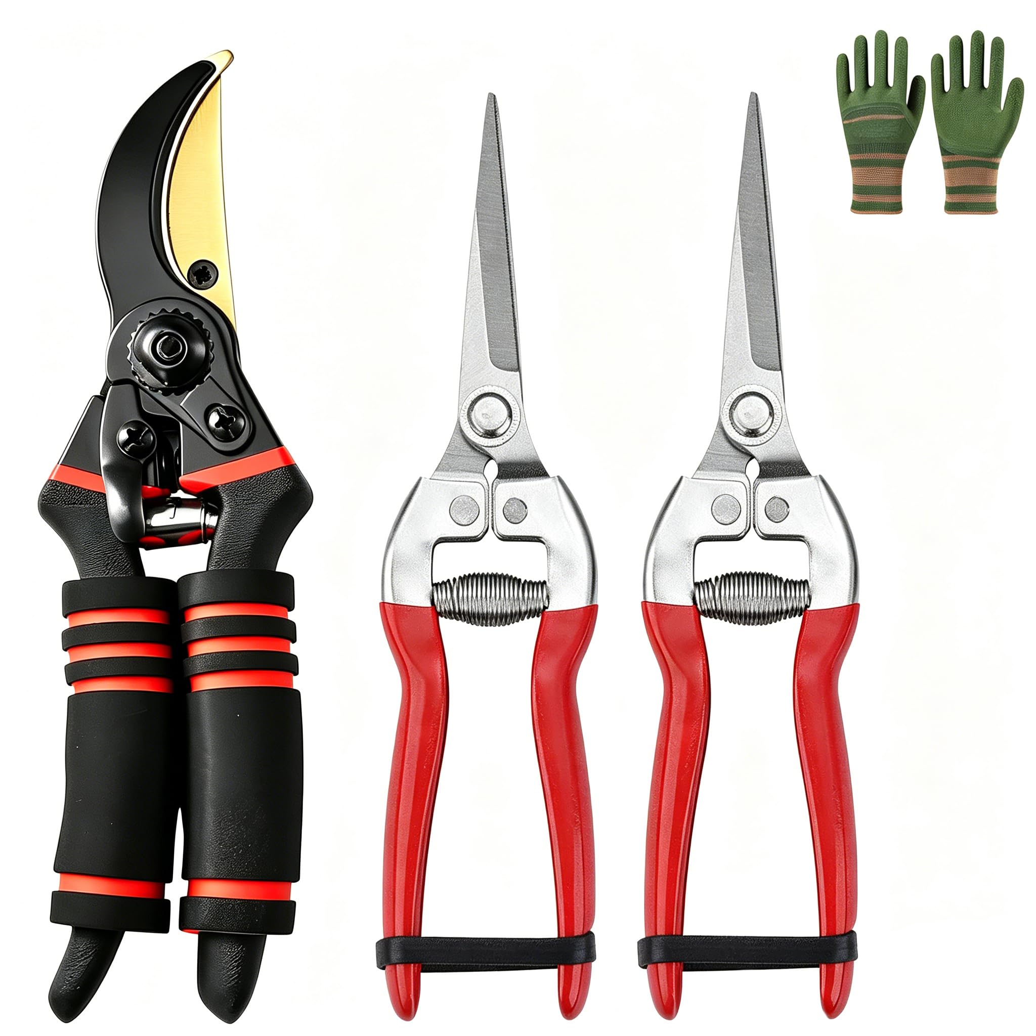 Garden Secateurs, 3 Pack Carbon Steel Gardening Pruning Shears, Secateurs Heavy Duty, Stainless Steel Garden Clippers with Garden Gloves for Plants, Yard, Flower Gardening