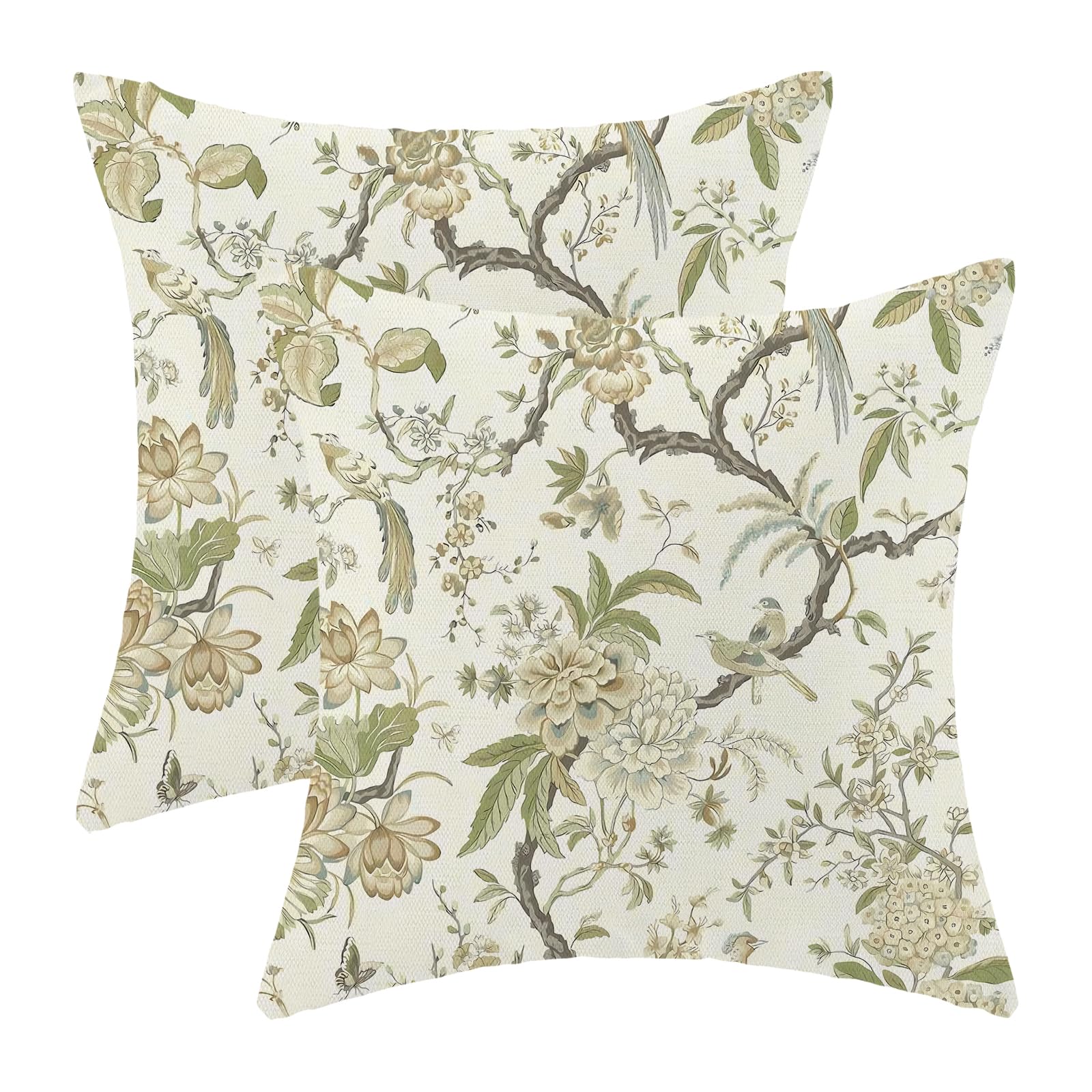 CXMEIFLY Spring Floral Birds Pillow Covers 22 x 22 Inch Set of 2 for Chinoiserie Flowers Decor Throw Pillows Sage Green Plant Outdoor Decorative